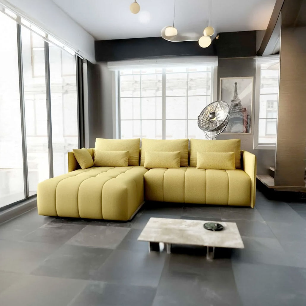 Colțar extensibil dumonde cu ladă de depozitare si sezut confortabil din spuma HR, Malta Galben 235x185 cm Fabrica