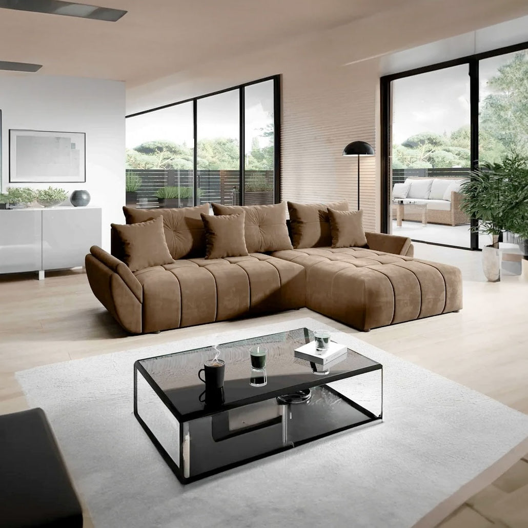 Colțar extensibil dumonde cu ladă de depozitare si sezut confortabil din spuma HR, Berlin Braun II 280x185 cm Fabrica
