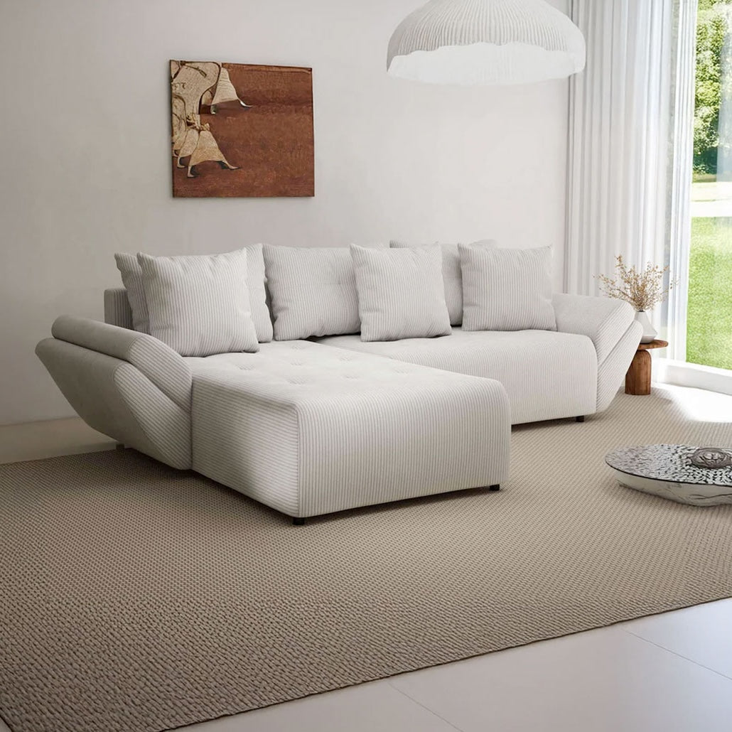 Colțar extensibil dumonde cu ladă de depozitare si sezut confortabil din spuma HR, Berlin Zoom Pearl 280x185 cm Fabrica