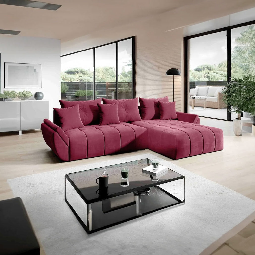 Colțar extensibil dumonde cu ladă de depozitare si sezut confortabil din spuma HR, Berlin Bordoux II 280x185 cm Fabrica
