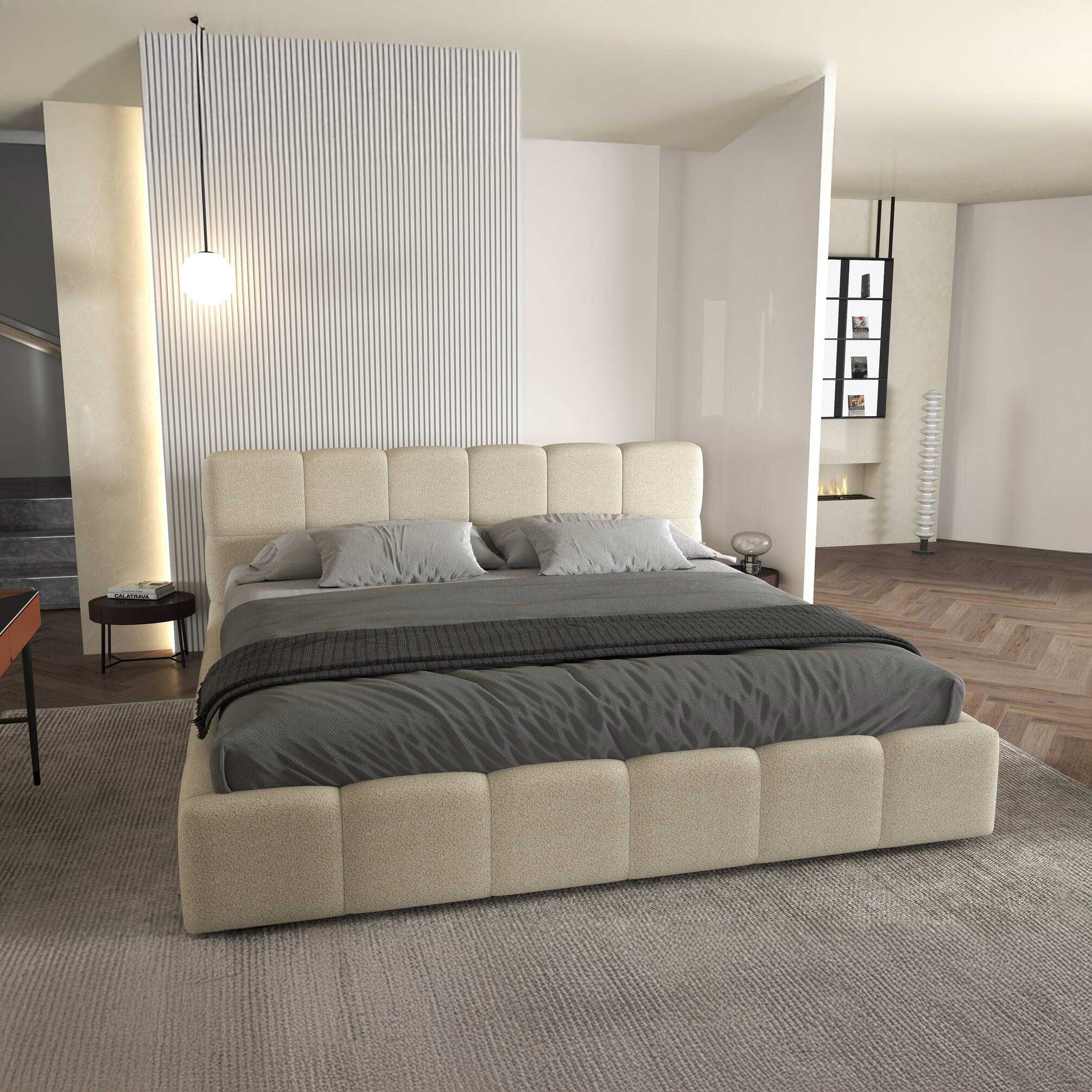 Pat dormitor dumonde, tapitat bej, Barcelona 140X200 cm, somiera rabatabila inclusa, spatiu depozitare