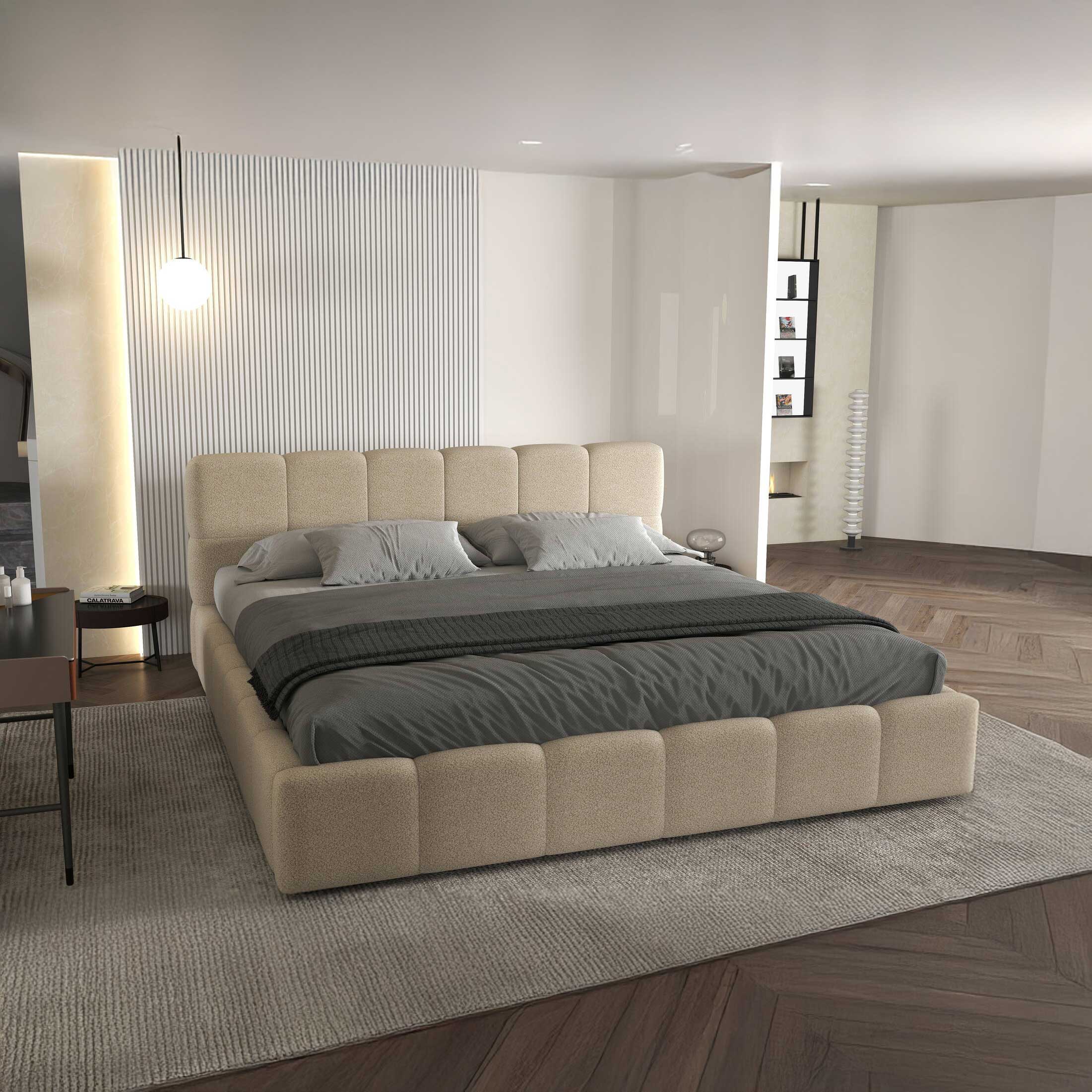 Pat dormitor dumonde, tapitat bej, Barcelona 140X200 cm, somiera rabatabila inclusa, spatiu depozitare