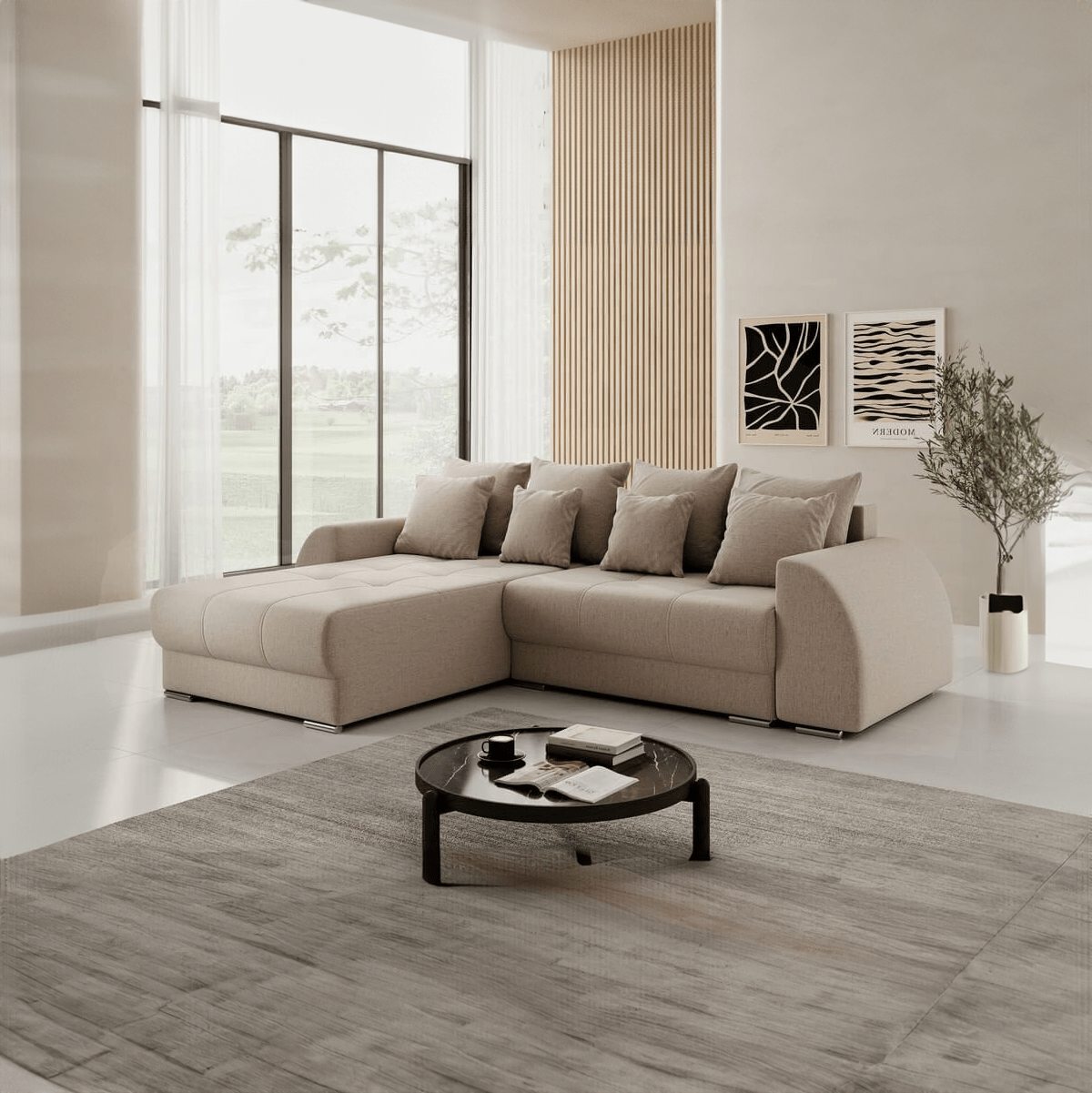 Colțar extensibil dumonde cu ladă de depozitare si sezut confortabil din spuma HR, Verona Beige 290x185 cm