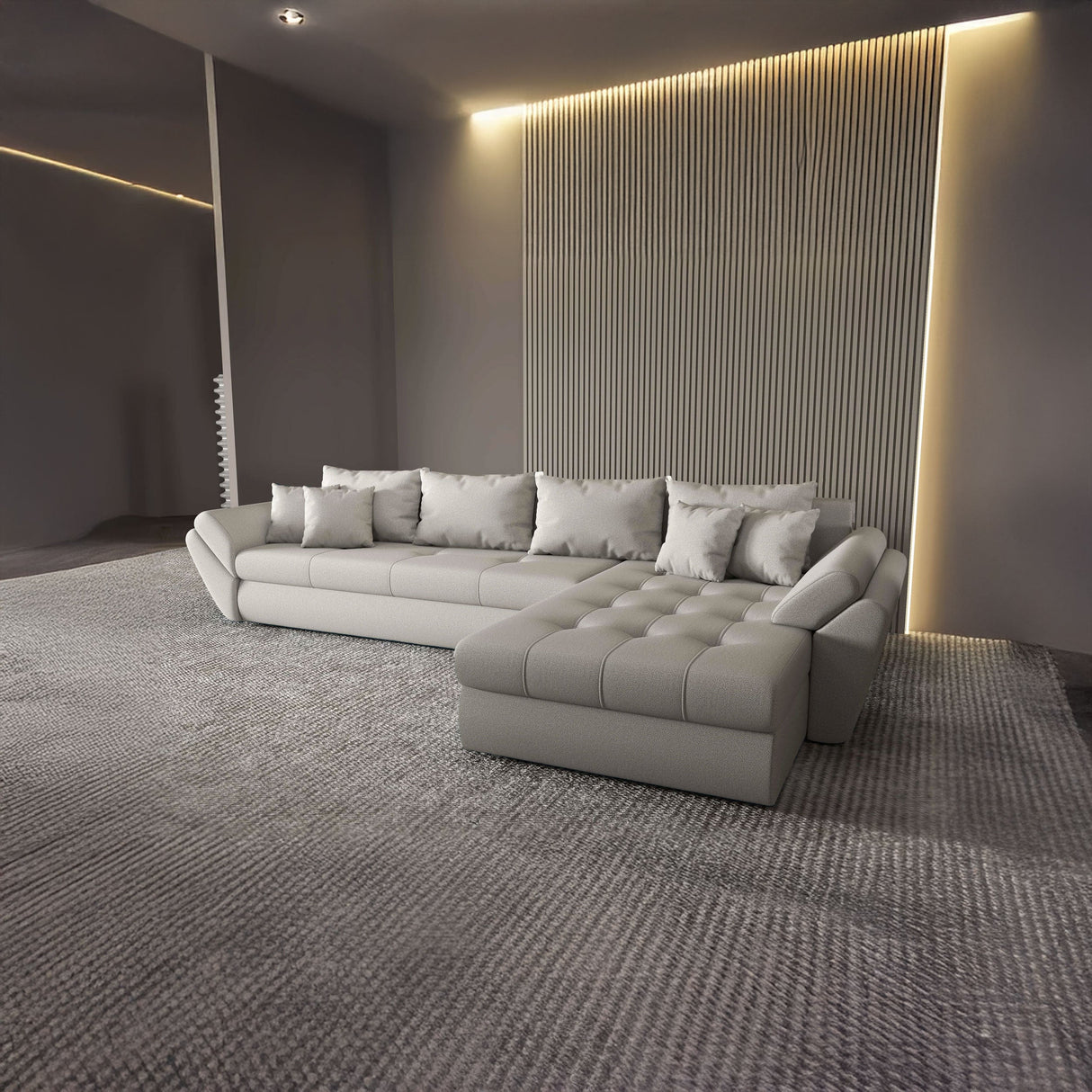 Colțar extensibil dumonde cu ladă de depozitare si sezut confortabil din spuma HR, Loana XL Enjoy Beige II 335x185 cm Fabrica