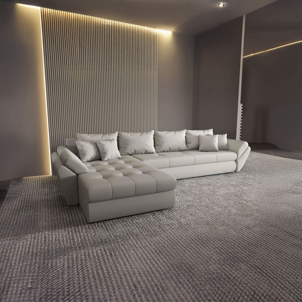 Colțar extensibil dumonde cu ladă de depozitare si sezut confortabil din spuma HR, Loana XL Enjoy Beige 335x185 cm Fabrica