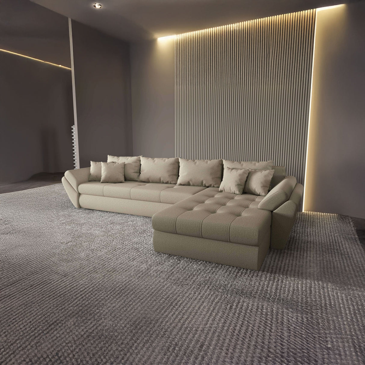 Colțar extensibil dumonde cu ladă de depozitare si sezut confortabil din spuma HR, Loana XL Enjoy Bej II 335x185 cm Fabrica