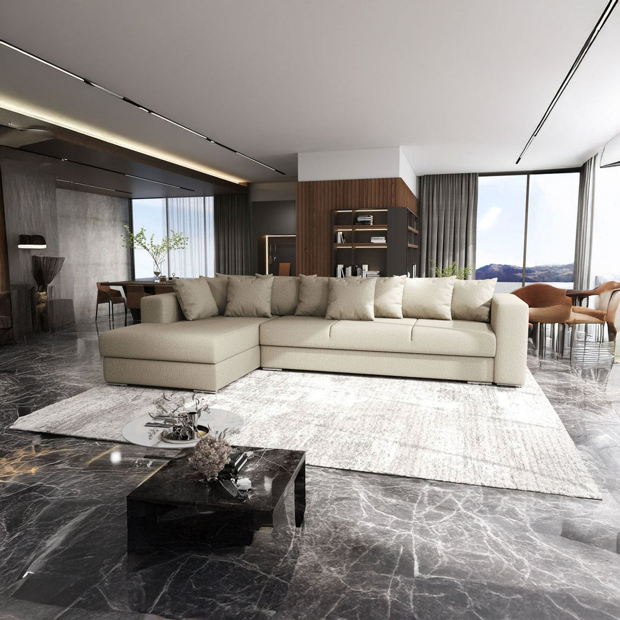 Colțar extensibil dumonde cu ladă de depozitare si sezut confortabil din spuma HR, Gloria Beige IV 320x183 cm Fabrica
