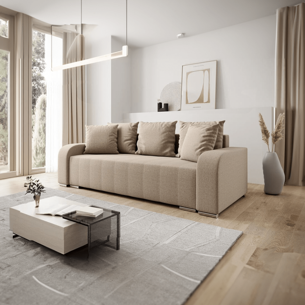 Canapea extensibilă cu ladă de depozitare si sezut confortabil din spuma HR, Sofia Bej 240x100 cm Fabrica