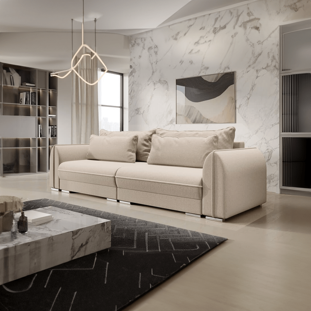 Canapea extensibilă dumonde cu ladă de depozitare si sezut confortabil din spuma HR, Denver Bej 300x100 cm Fabrica