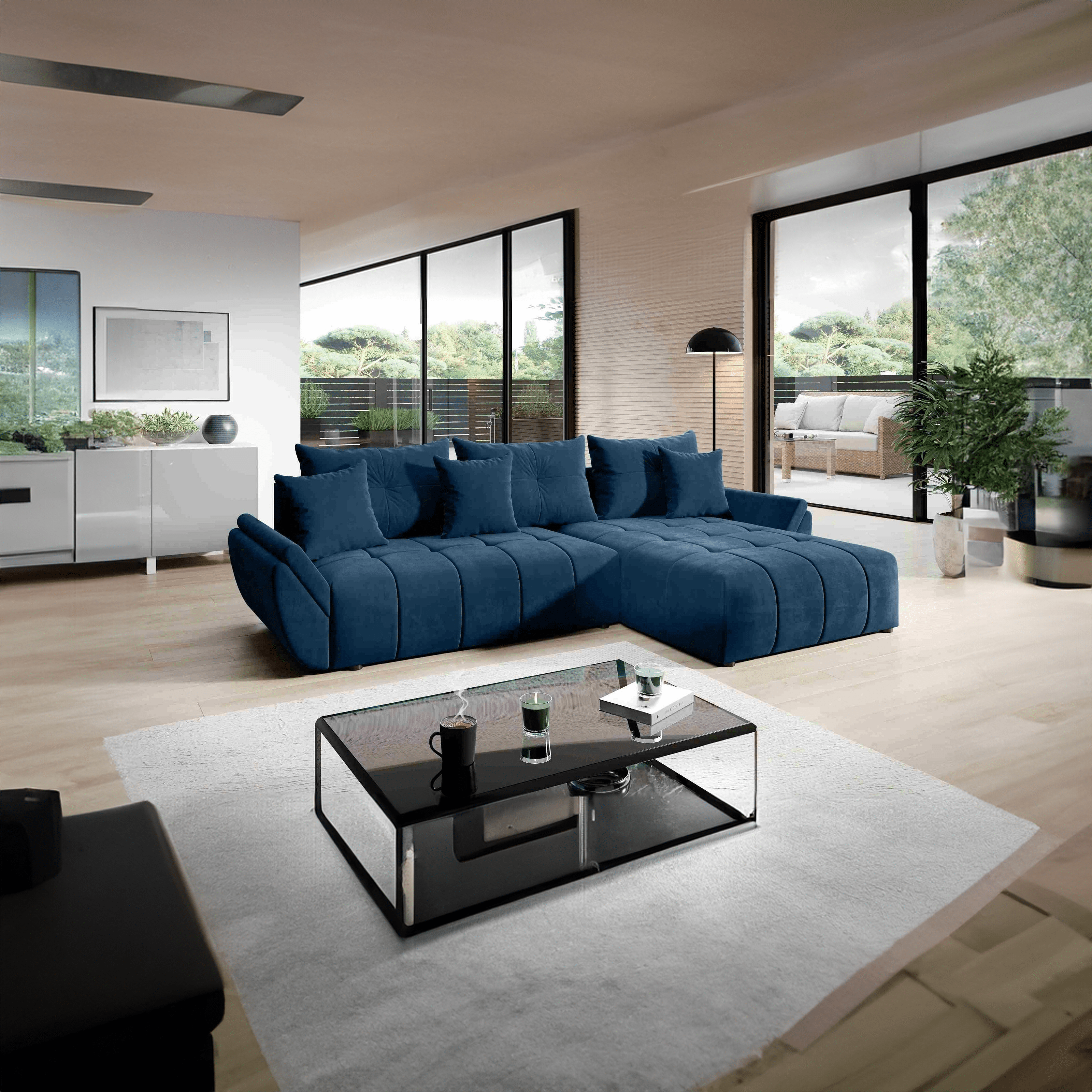 Colțar extensibil dumonde cu ladă de depozitare si sezut confortabil din spuma HR, Berlin Albastru Pudrat II 280x185 cm Fabrica