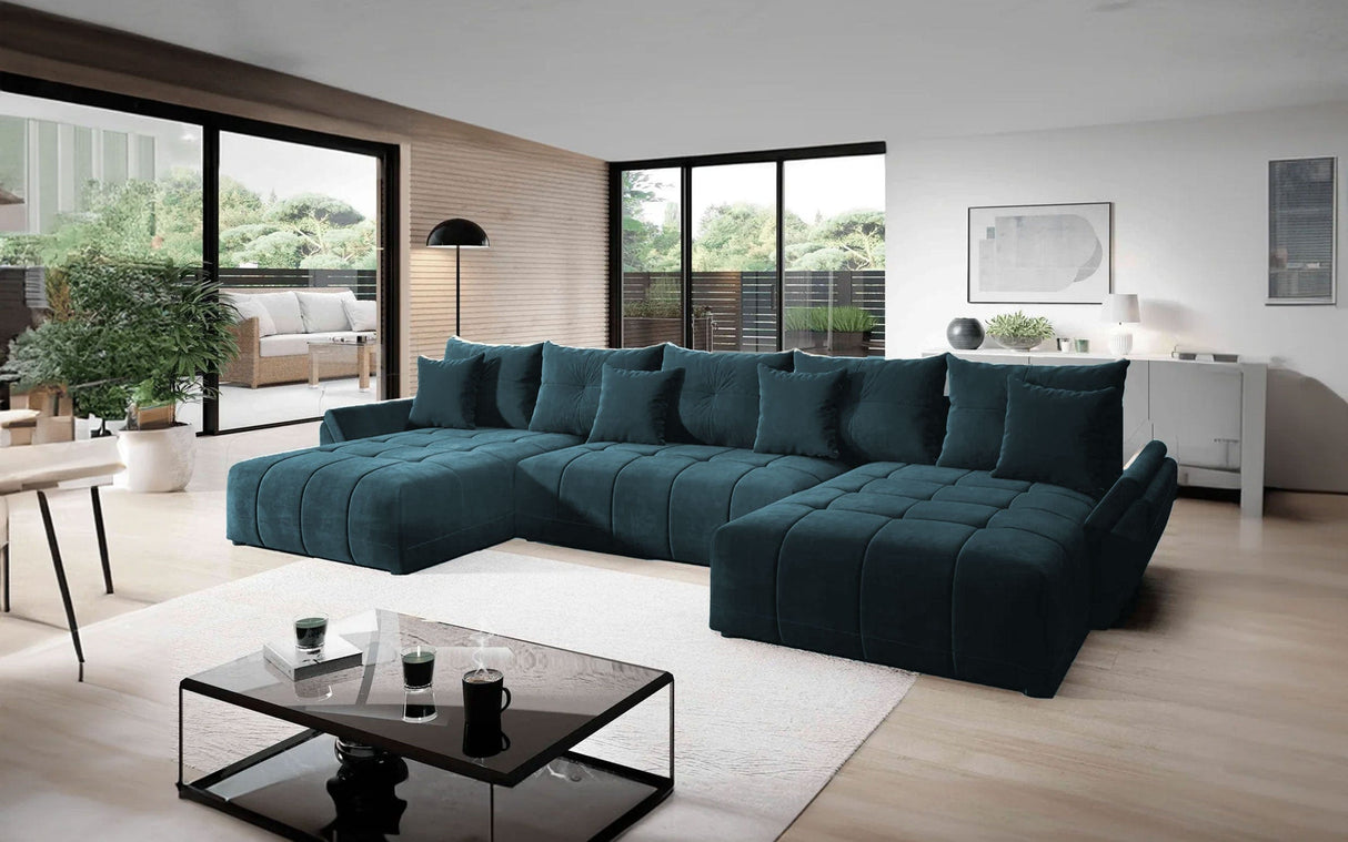 Colțar extensibil dumonde cu ladă de depozitare si sezut confortabil din spuma HR, Berlin U Verde Petrol 380x180 cm