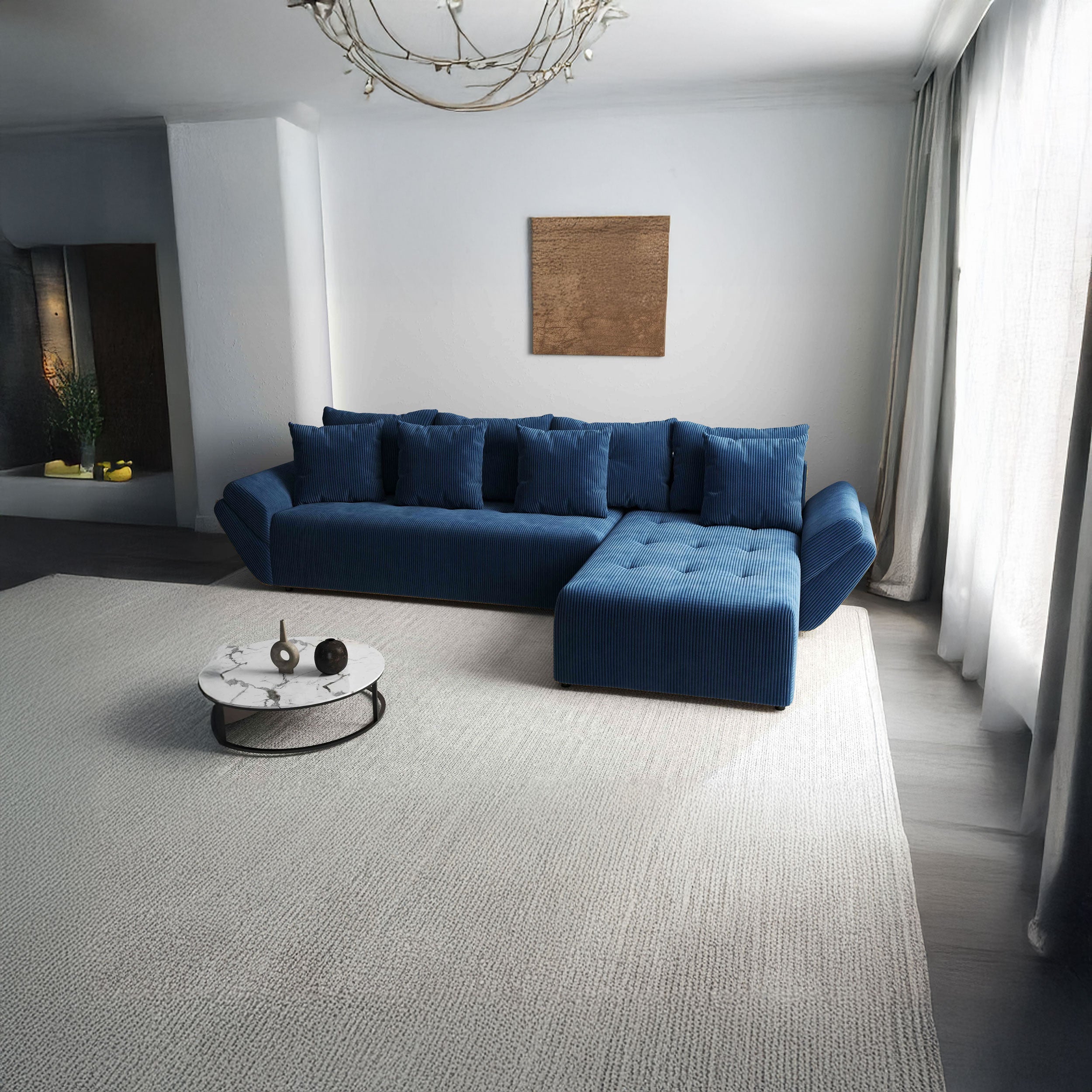 Colțar extensibil dumonde cu ladă de depozitare si sezut confortabil din spuma HR, Berlin XL Zoom Blue 350x185 cm II Fabrica