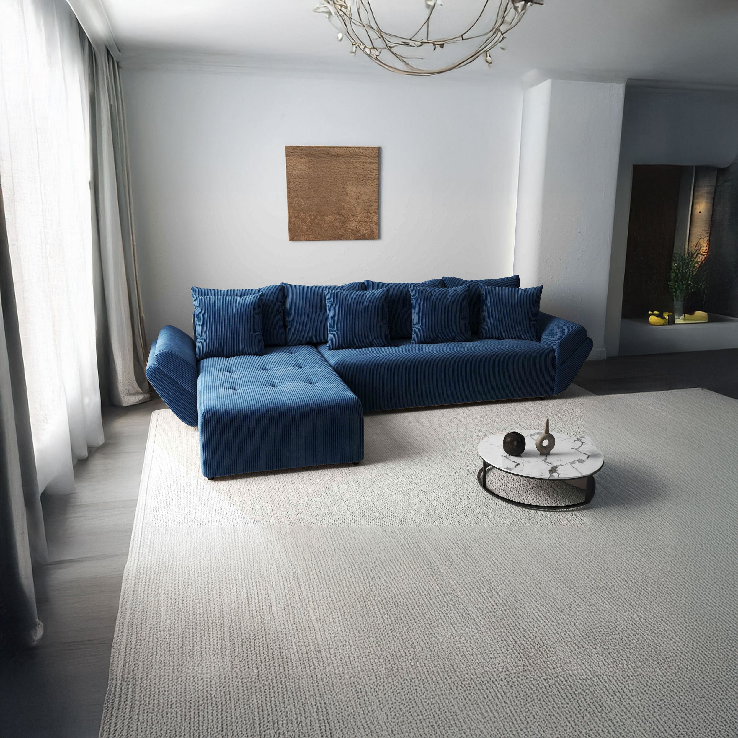 Colțar extensibil dumonde cu ladă de depozitare si sezut confortabil din spuma HR, Berlin XL Zoom Blue 350x185 cm Fabrica
