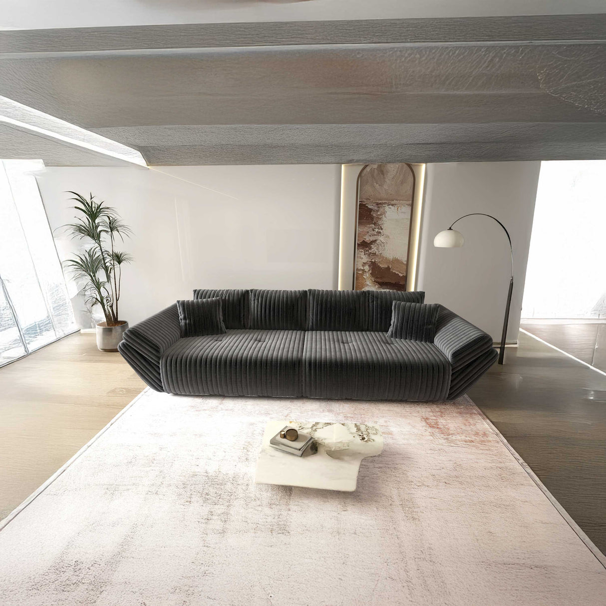 Canapea extensibilă dumonde cu ladă de depozitare si sezut confortabil din spuma HR, Berlin Ambience Grey 300x100 cm Fabrica