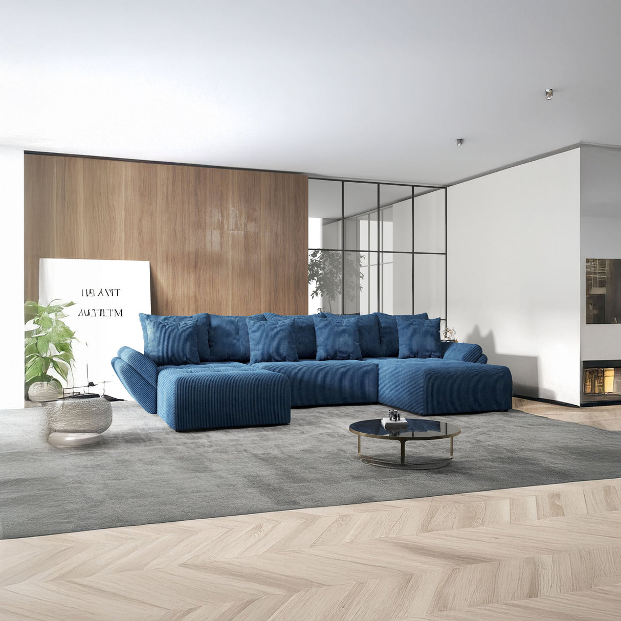 Colțar extensibil dumonde cu ladă de depozitare si sezut confortabil din spuma HR, Berlin U Zoom Bluemarin 380x180 cm Fabrica
