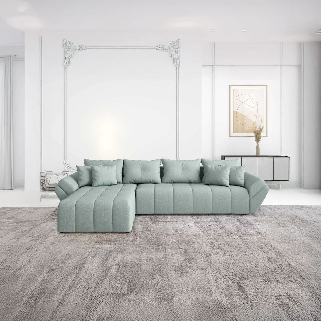 Colțar extensibil dumonde cu ladă de depozitare si sezut confortabil din spuma HR, Berlin XL Enjoy Lux Mint 350x185 cm