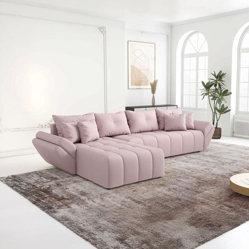Colțar extensibil dumonde cu ladă de depozitare si sezut confortabil din spuma HR, Berlin XL Enjoy Flamingo 350x185 cm