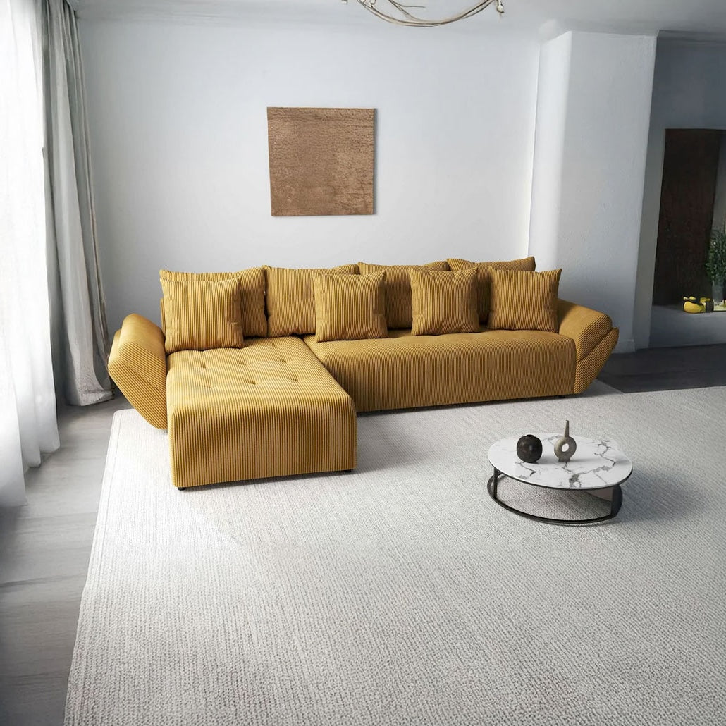 Colțar extensibil dumonde cu ladă de depozitare si sezut confortabil din spuma HR, Berlin XL Zoom Mustar 350x185 cm