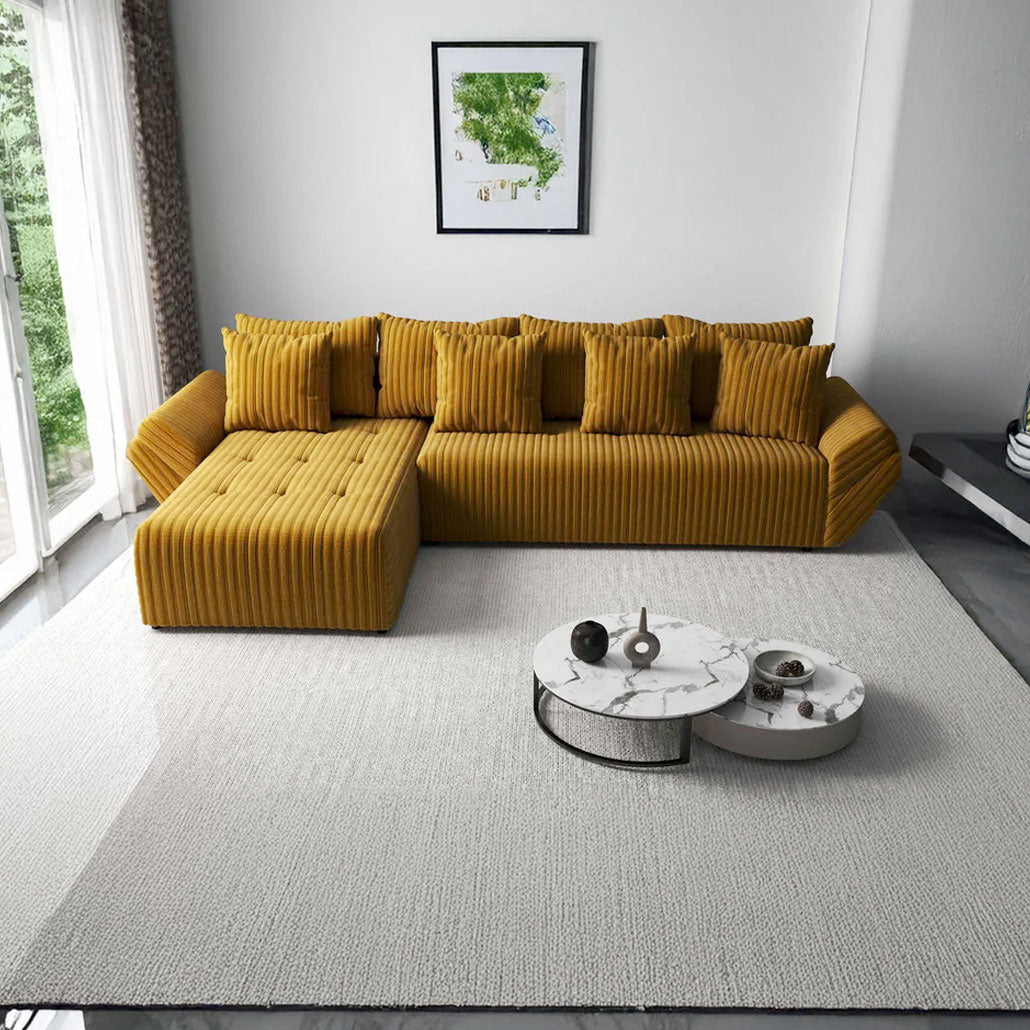 Colțar extensibil dumonde cu ladă de depozitare si sezut confortabil din spuma HR, Berlin XL Ambience Mustar 350x185 cm