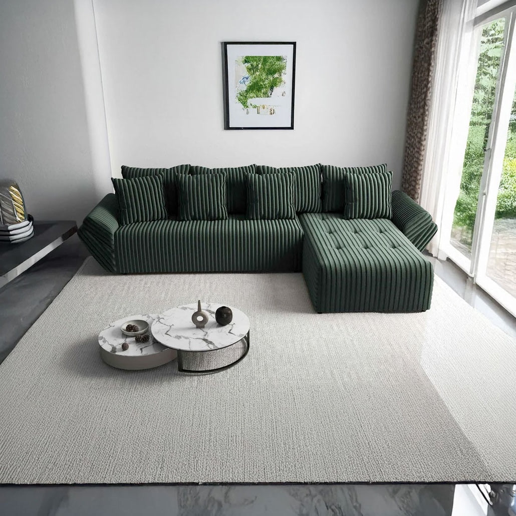Colțar extensibil dumonde cu ladă de depozitare si sezut confortabil din spuma HR, Berlin XL Ambience Green II 350x185 cm