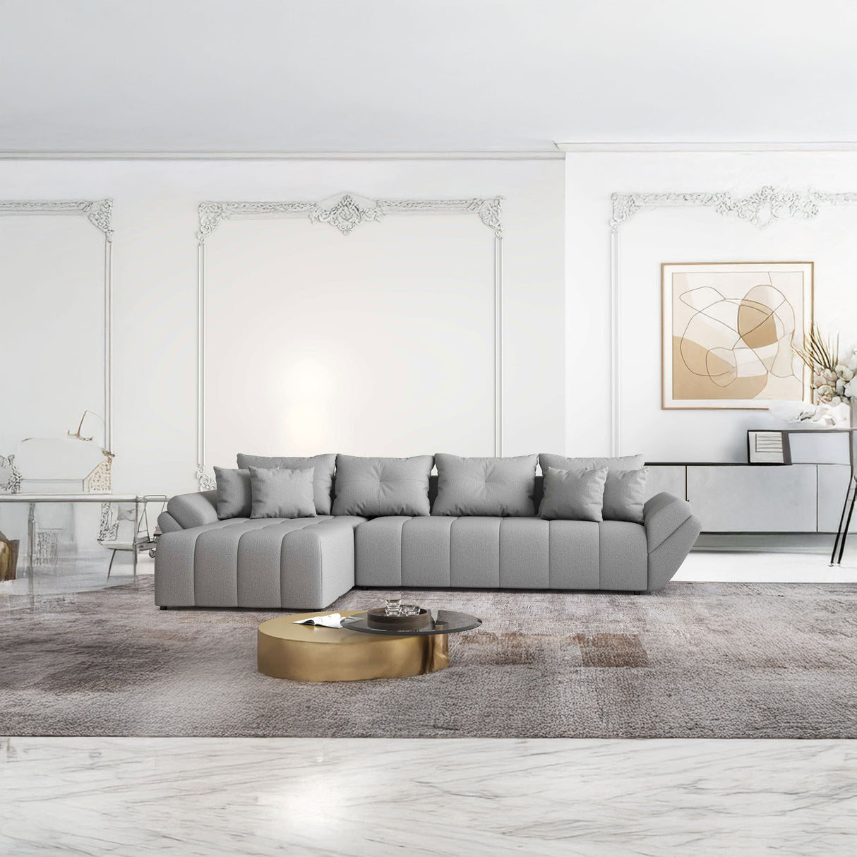 Colțar extensibil dumonde cu ladă de depozitare si sezut confortabil din spuma HR, Berlin XL Enjoy Lux Grey 350x185 cm Fabrica
