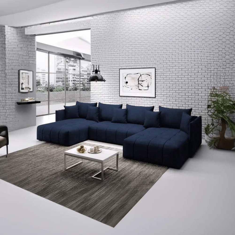 Colțar extensibil dumonde cu ladă de depozitare si sezut confortabil din spuma HR, Malta U Blue 340x185 cm Fabrica