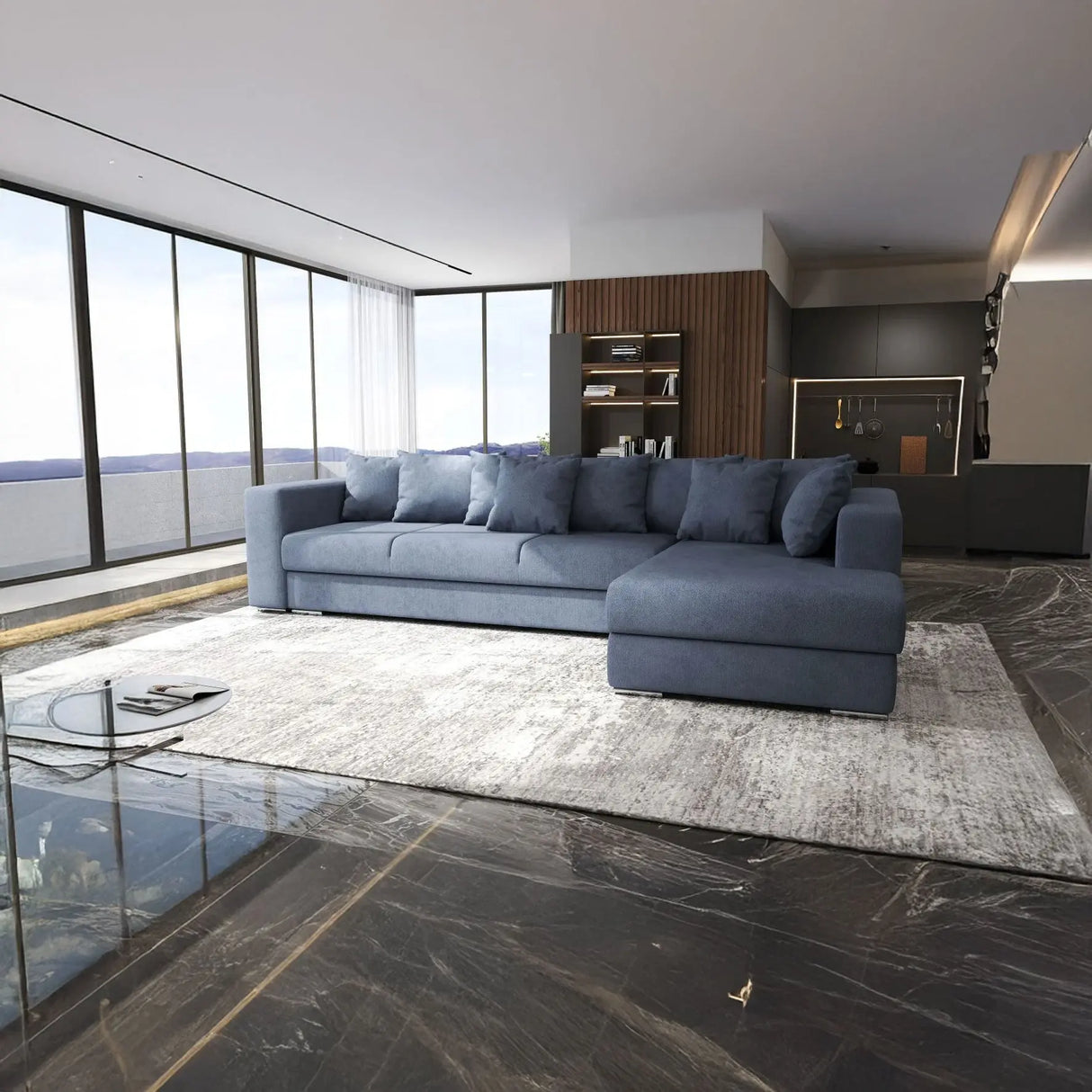 Colțar extensibil dumonde cu ladă de depozitare si sezut confortabil din spuma HR, Gloria Antracit II 320x183 cm Fabrica