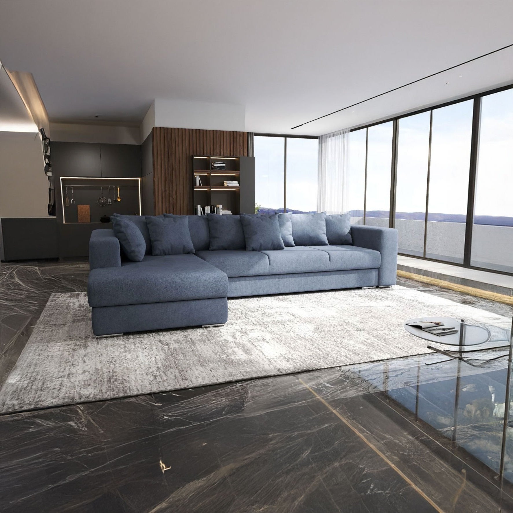 Colțar extensibil dumonde cu ladă de depozitare si sezut confortabil din spuma HR, Gloria Antracit 320x183 cm Fabrica