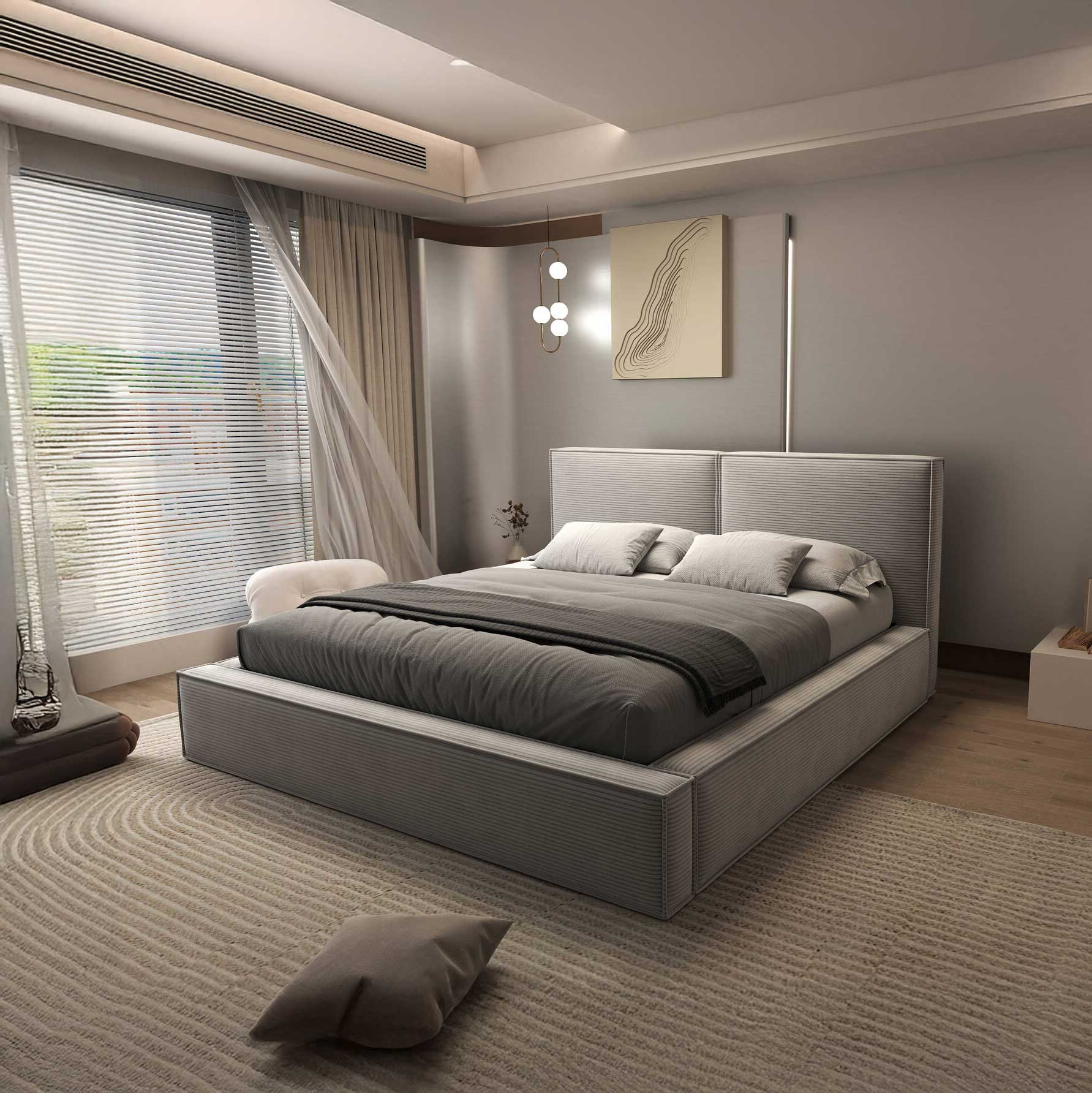 Pat dormitor dumonde, tapitat gri, Bogart 180x200 cm, somiera rabatabila inclusa, spatiu depozitare