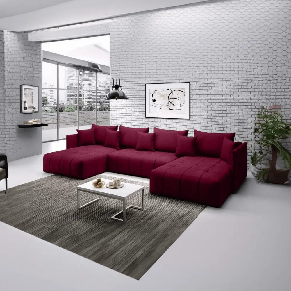 Colțar extensibil dumonde cu ladă de depozitare si sezut confortabil din spuma HR, Malta U Bordoux 340x185 cm Fabrica