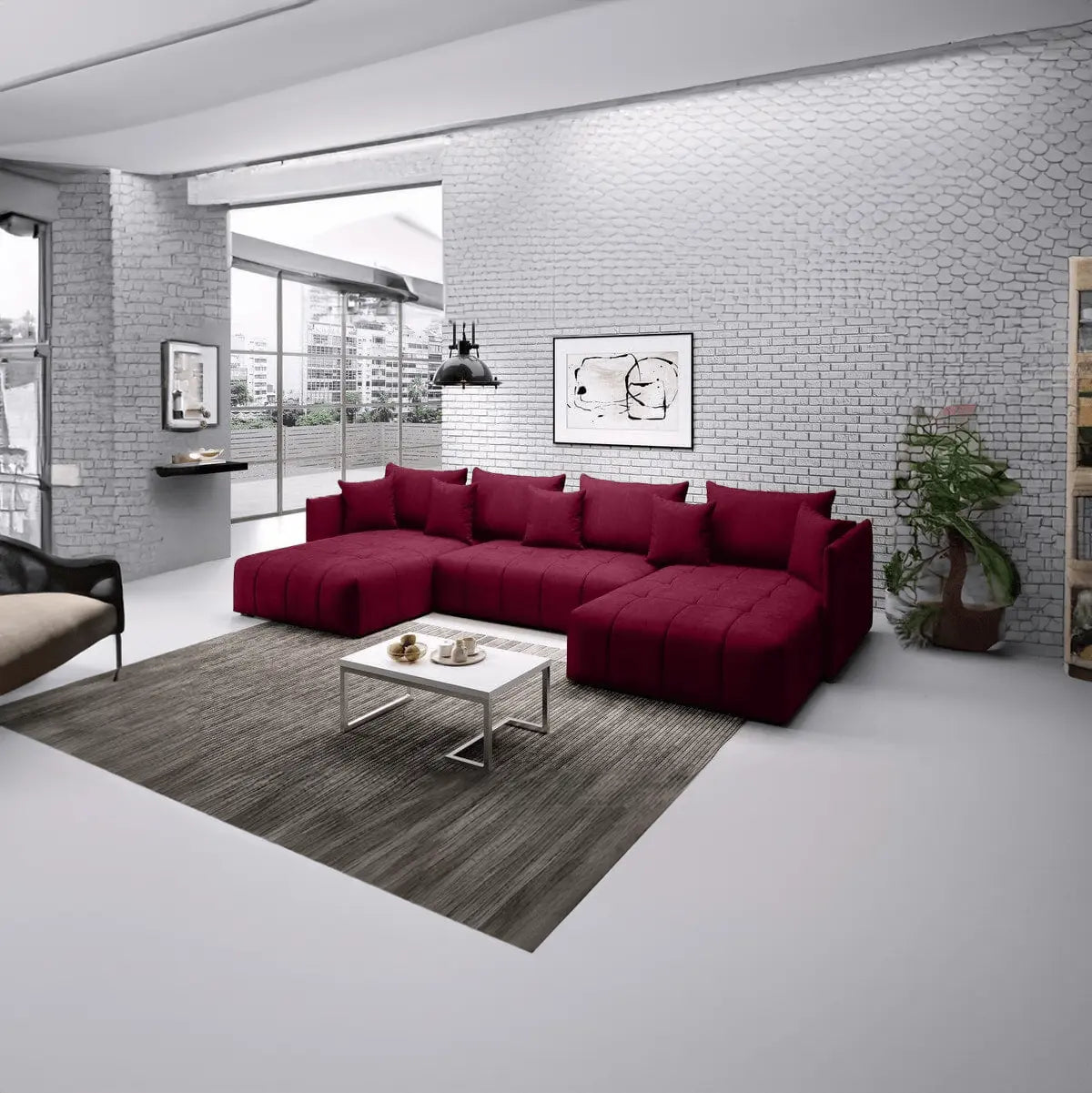 Colțar extensibil dumonde cu ladă de depozitare si sezut confortabil din spuma HR, Malta U Bordoux 340x185 cm Fabrica