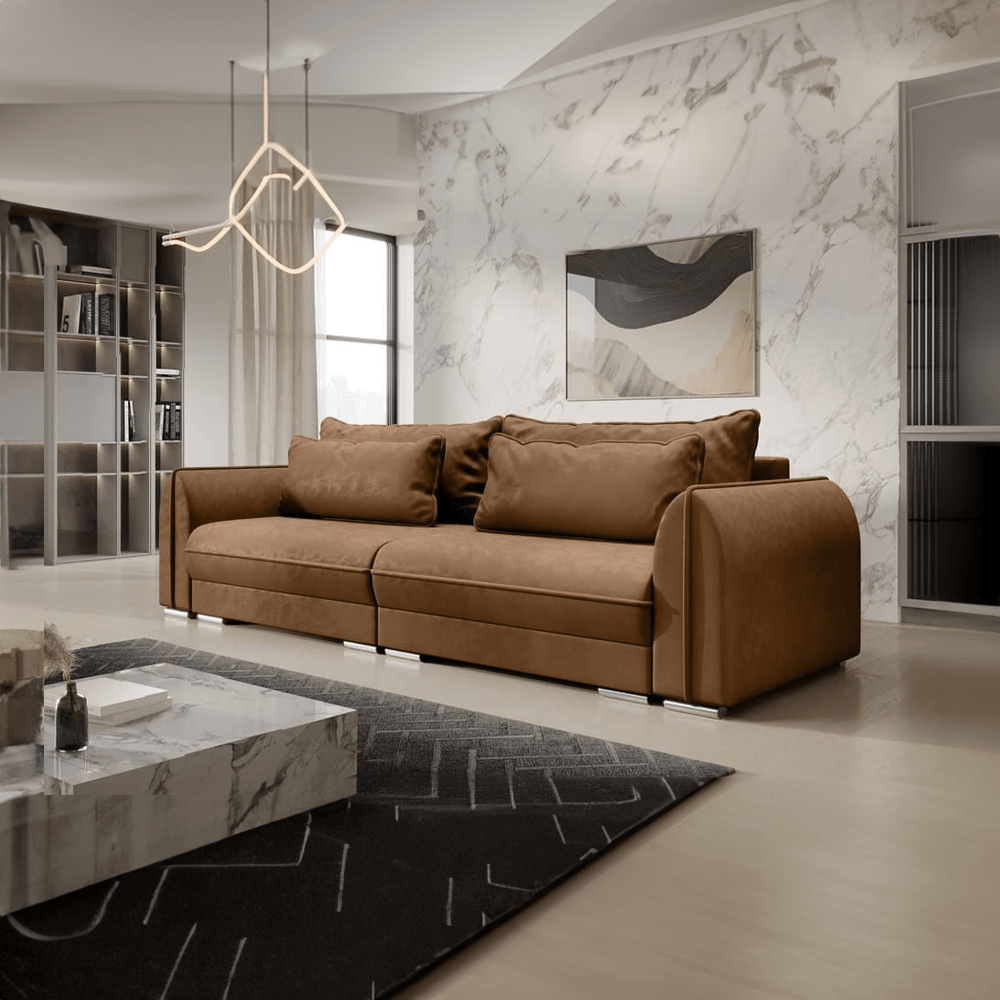 Canapea extensibilă dumonde cu ladă de depozitare si sezut confortabil din spuma HR, Denver Brown 300x100 cm Fabrica