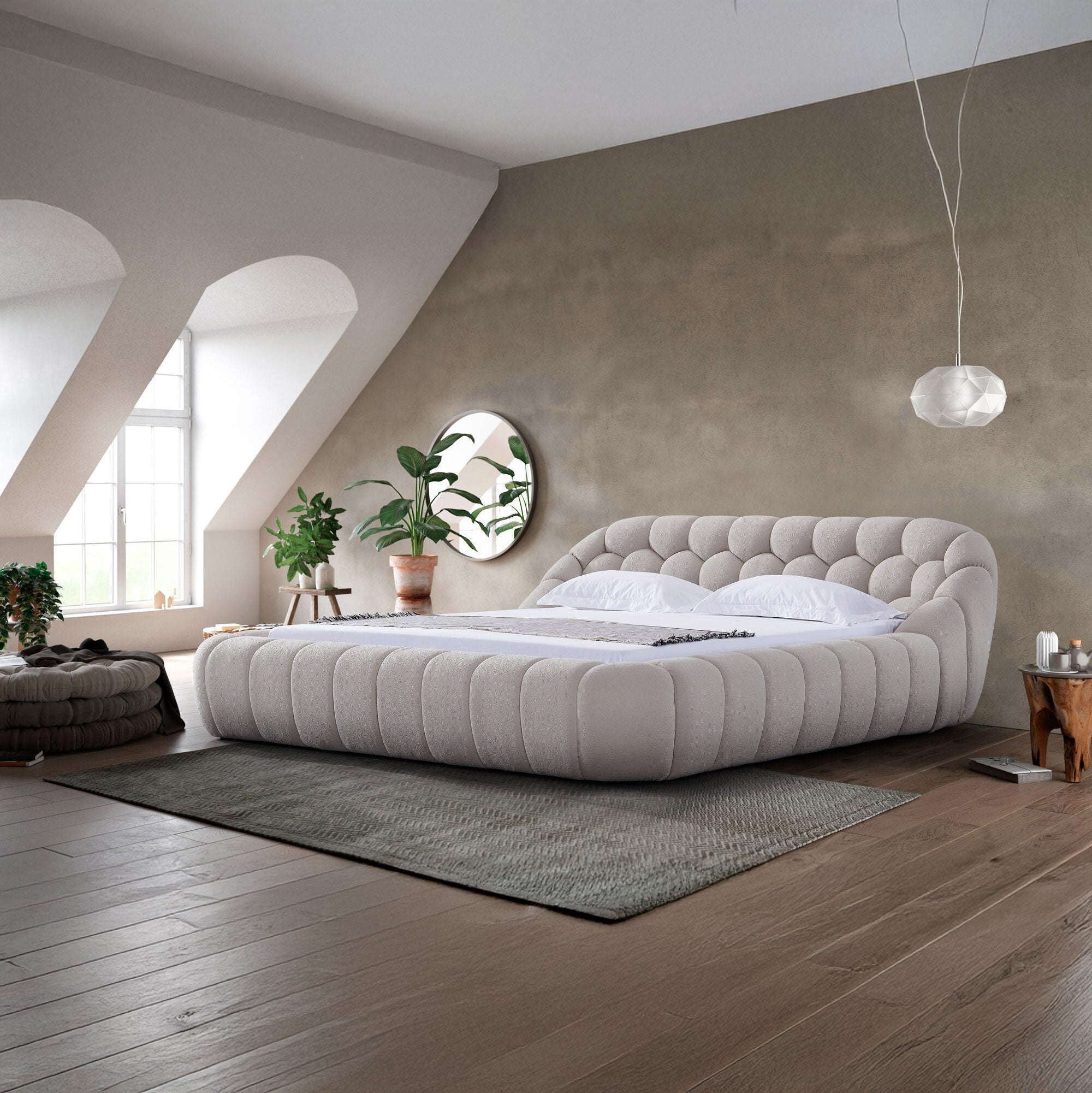 Pat dormitor dumonde, tapitat bej, Bubble 180x200 cm