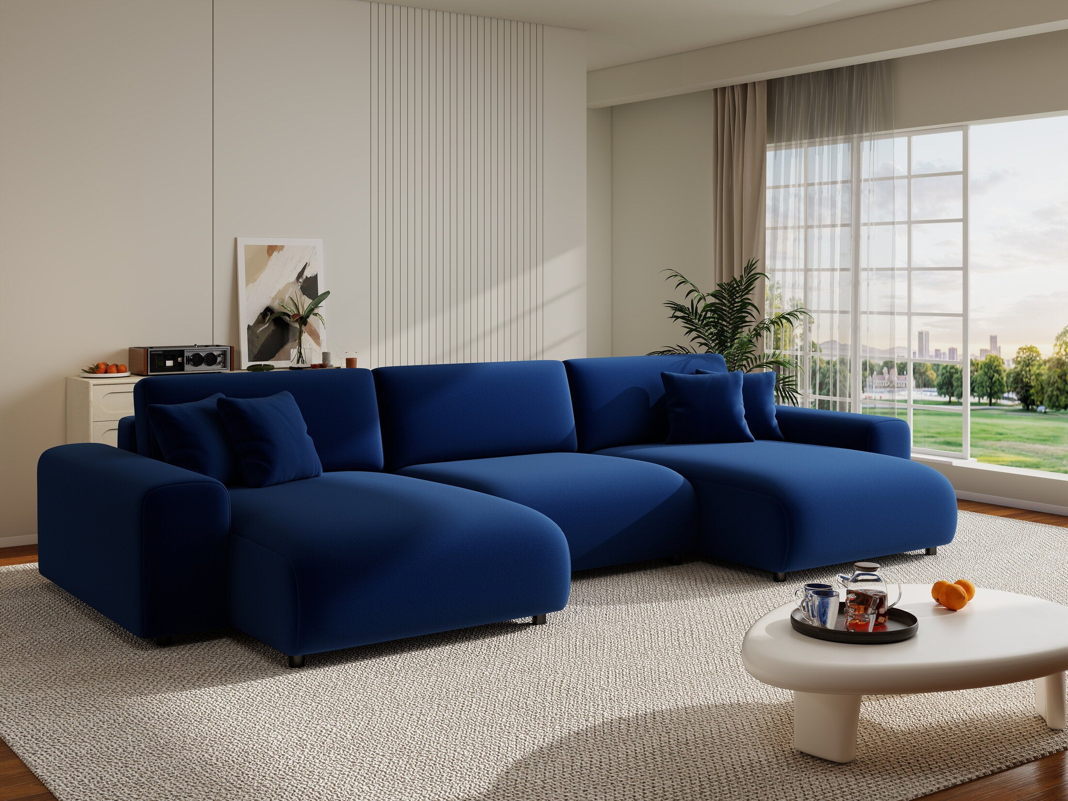 Colțar extensibil dumonde cu ladă de depozitare si sezut confortabil din spuma HR, Sarina U Royal Albastru Navy 350x168 cm