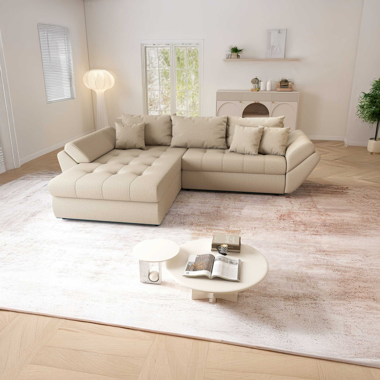 Colțar extensibil dumonde cu ladă de depozitare si sezut confortabil din spuma HR, Loana Camel 270x185 cm Fabrica
