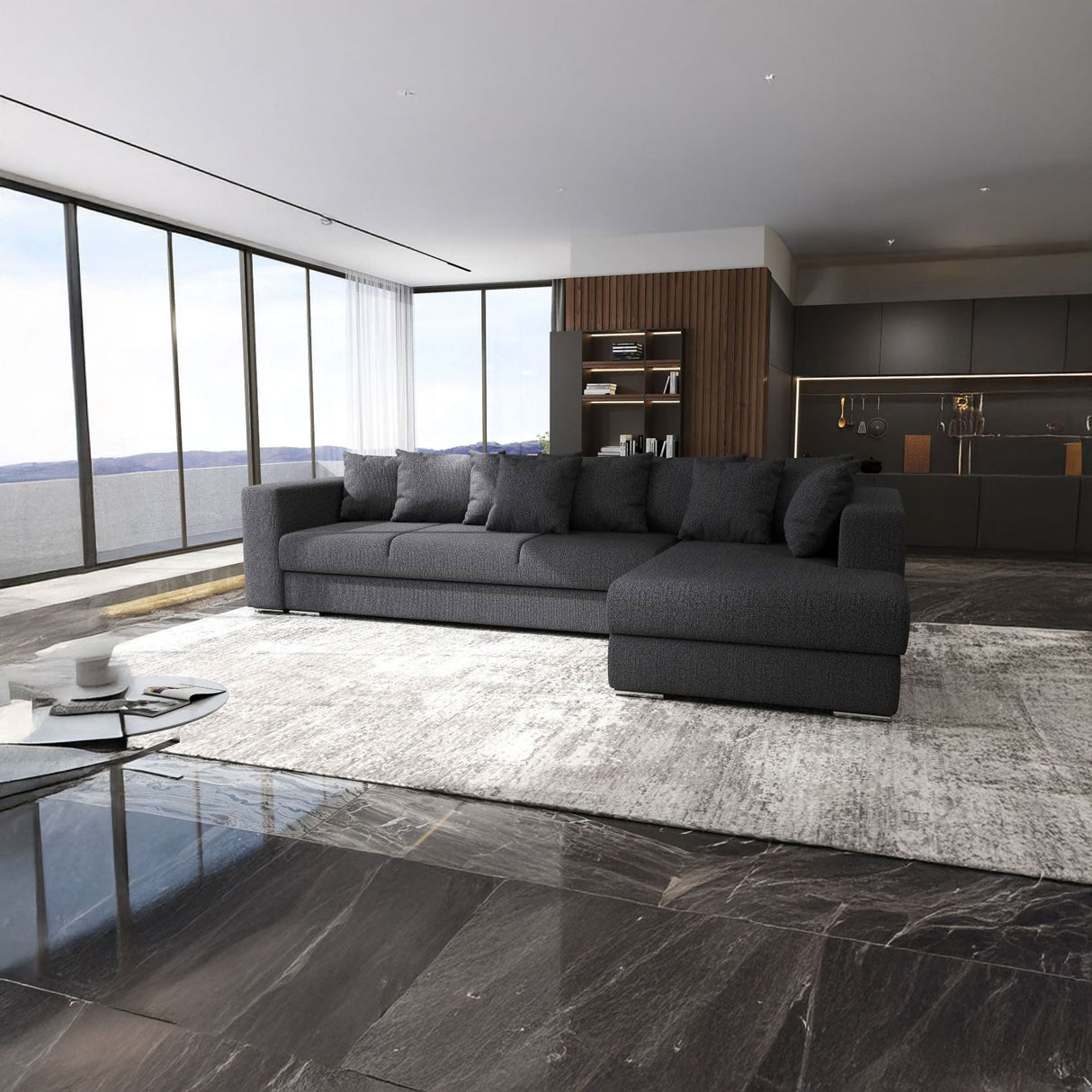 Colțar extensibil dumonde cu ladă de depozitare si sezut confortabil din spuma HR, Gloria Antracit IV 320x183 cm Fabrica