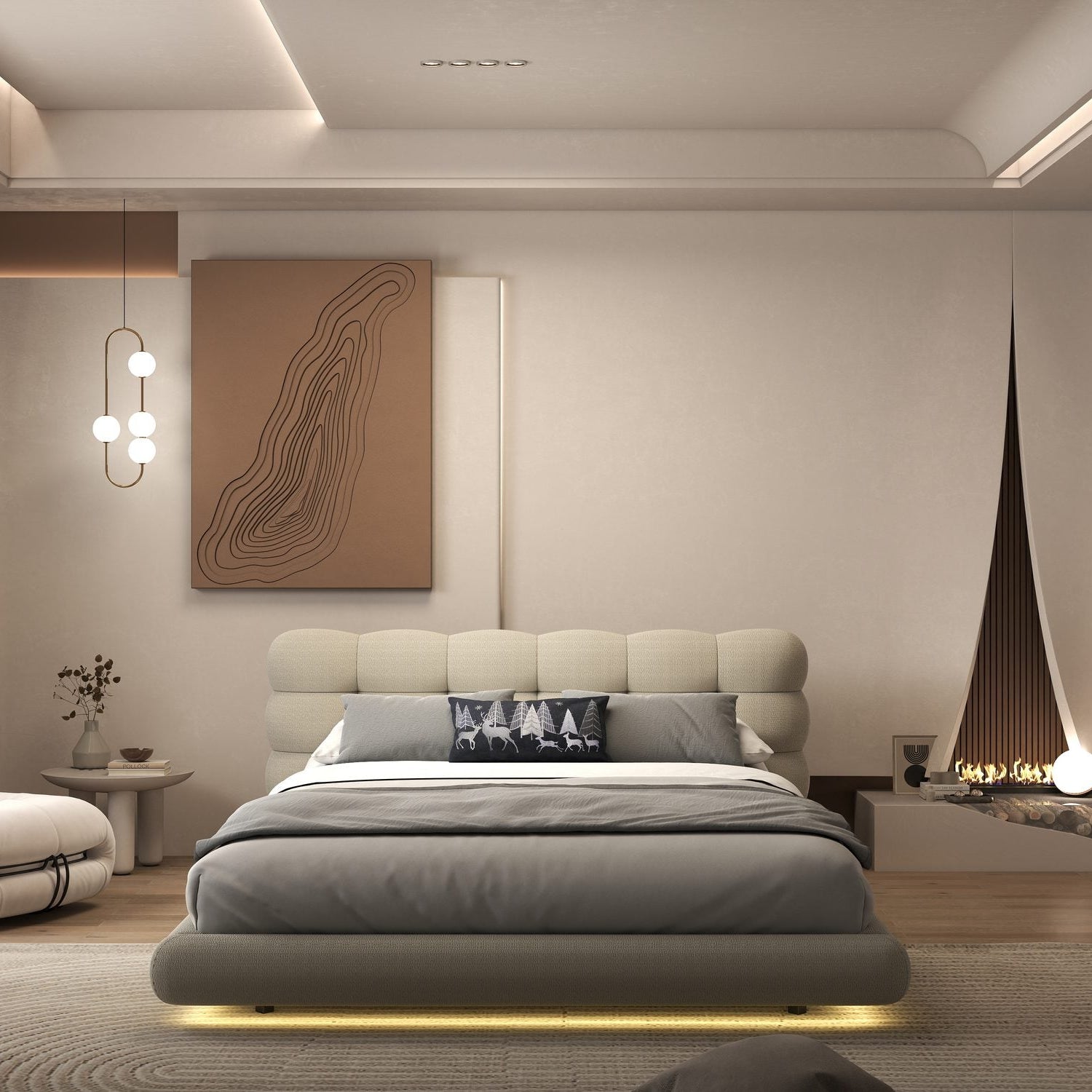 Pat dormitor dumonde, tapitat bej cu LED "floating bed" Cloud 160x200 cm, somiera inclusa
