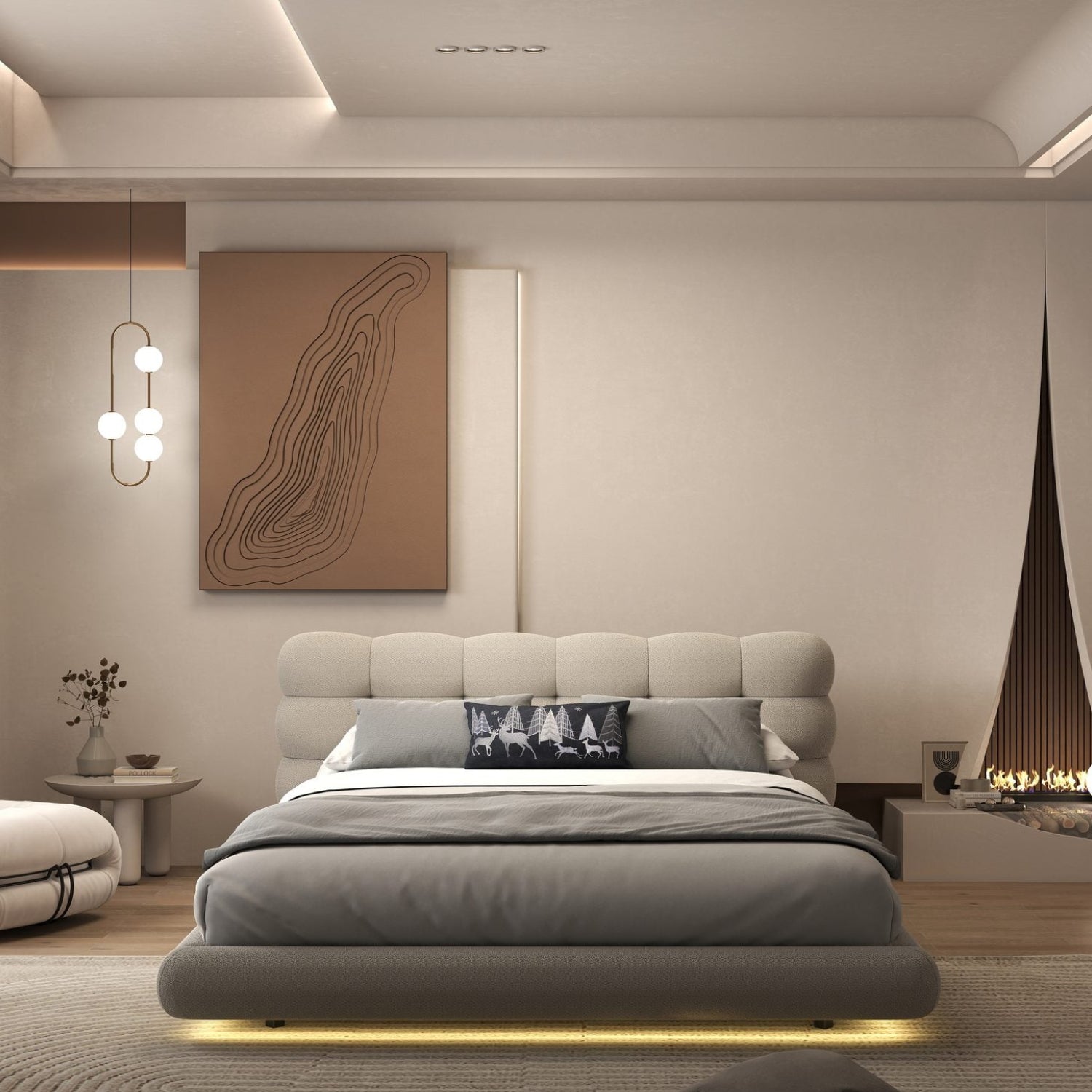 Pat dormitor dumonde, tapitat bej cu LED "floating bed" Cloud 160x200 cm, somiera inclusa