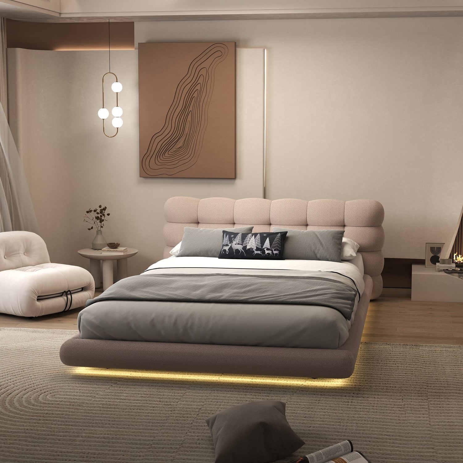 Pat dormitor dumonde, tapitat roz cu LED "floating bed" Cloud 180x200 cm, somiera inclusa