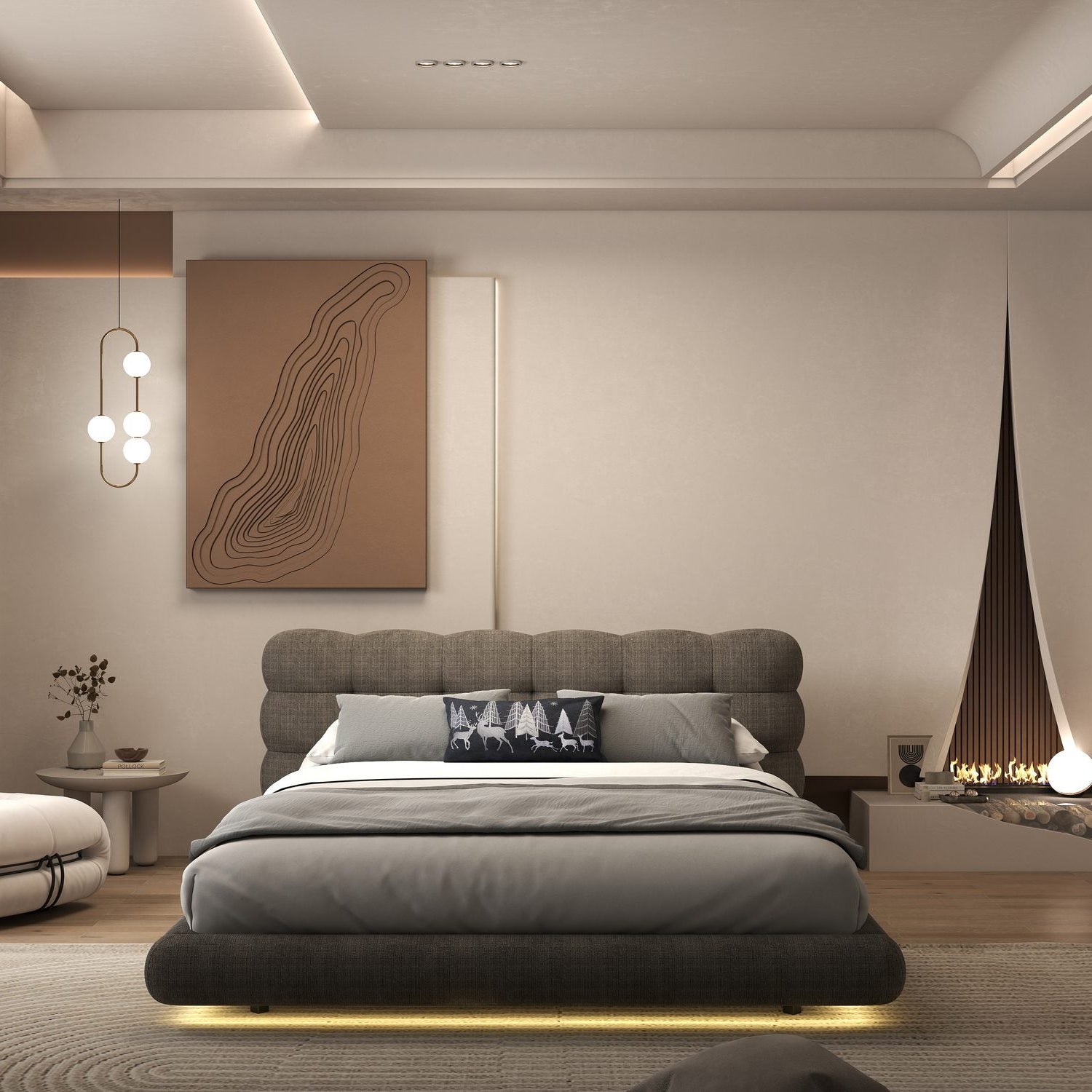 Pat dormitor dumonde, tapitat maro cu LED "floating bed" Cloud 180x200 cm, somiera inclusa