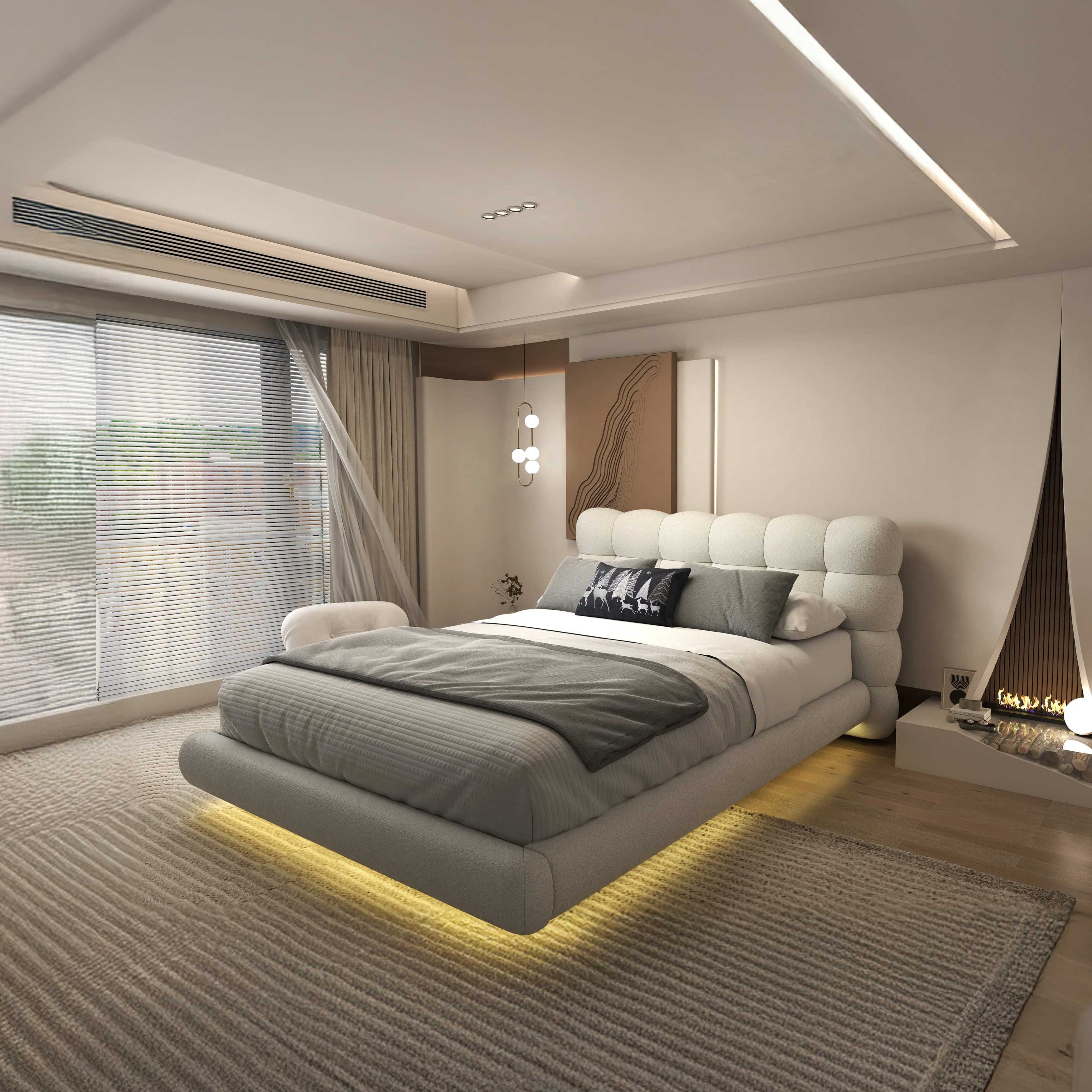 Pat dormitor dumonde, tapitat alb cu LED, "floating bed" Cloud 140x200 cm, somiera inclusa WLS
