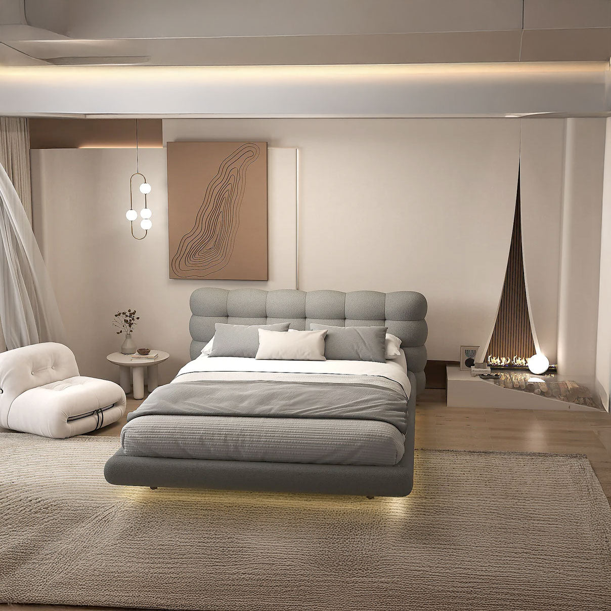 Pat dormitor dumonde, tapitat gri cu LED, "floating bed" Cloud 160x200 cm, somiera inclusa