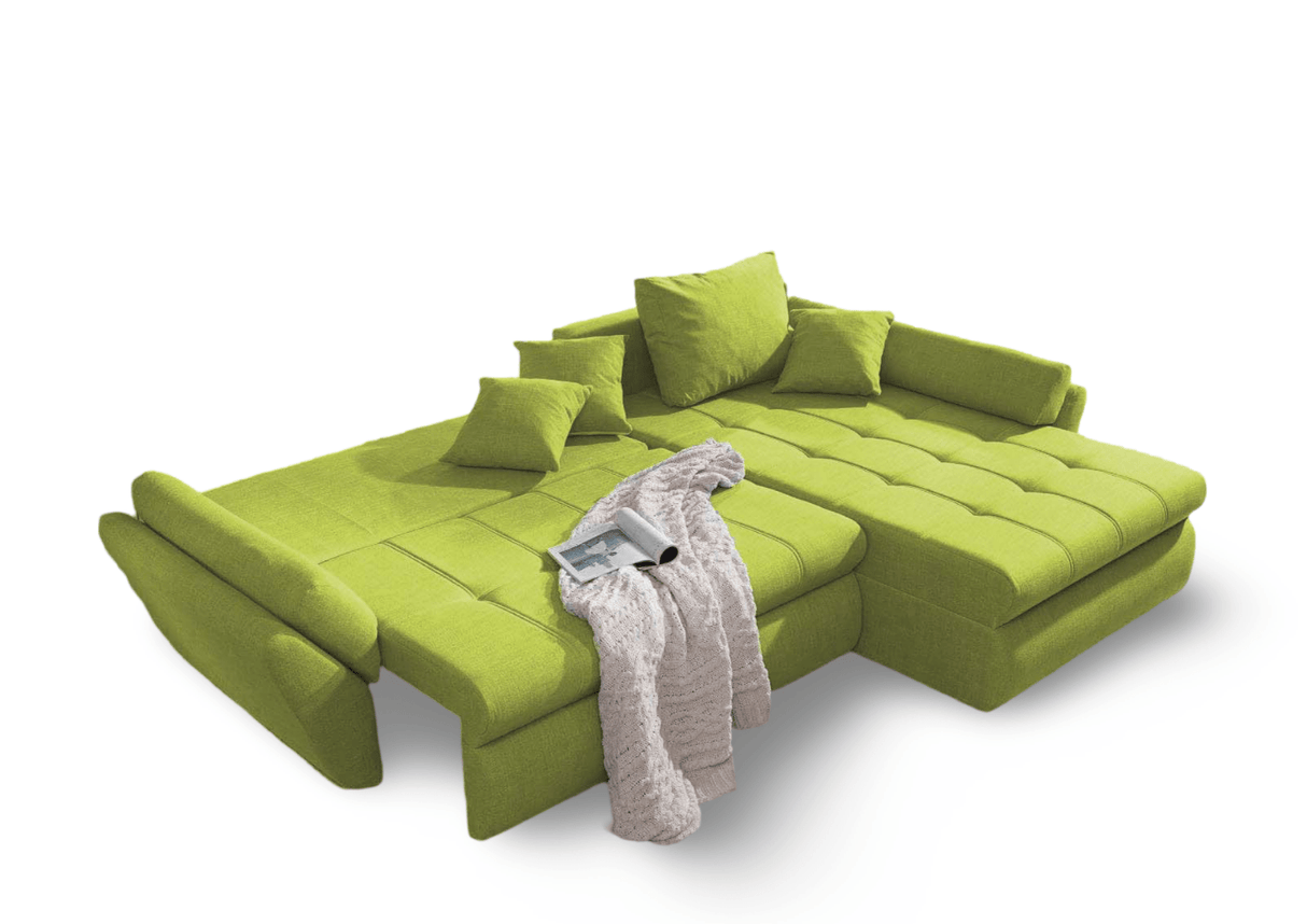 Colțar extensibil dumonde cu ladă de depozitare si sezut confortabil din spuma HR, Loana Green Lux II 270x185 cm