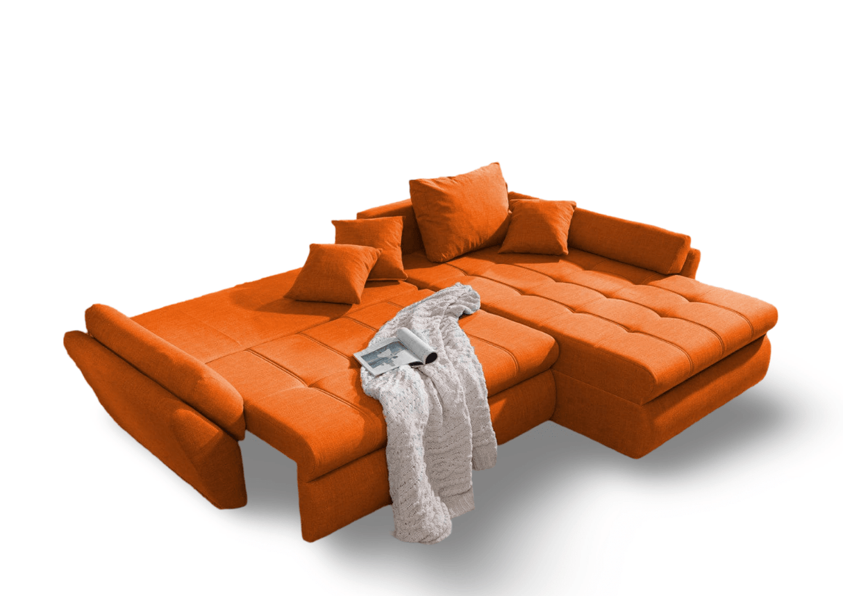 Colțar extensibil dumonde cu ladă de depozitare si sezut confortabil din spuma HR, Loana Orange II 270x185 cm