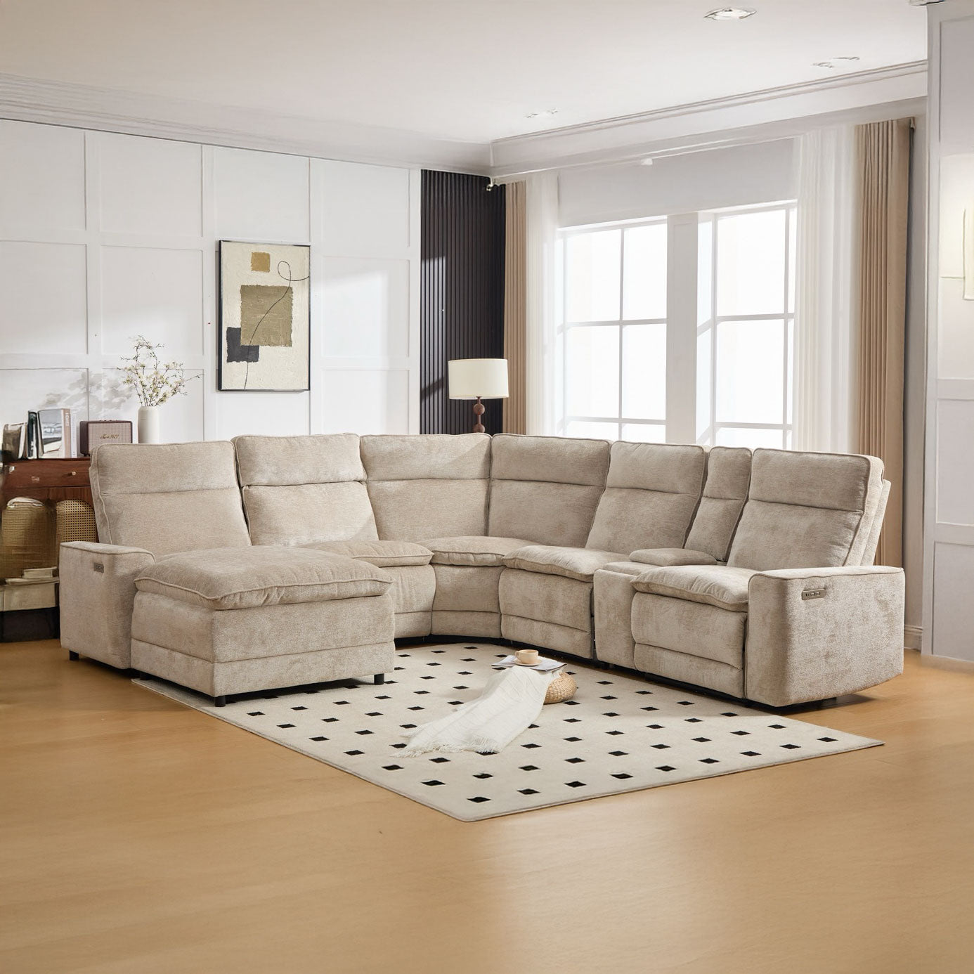 Coltar dumonde cu 3 reclinere electrice, incarcare USB, USB-C, tava, lumini de citit, suport pahare, textil, Vireon 317x347cm