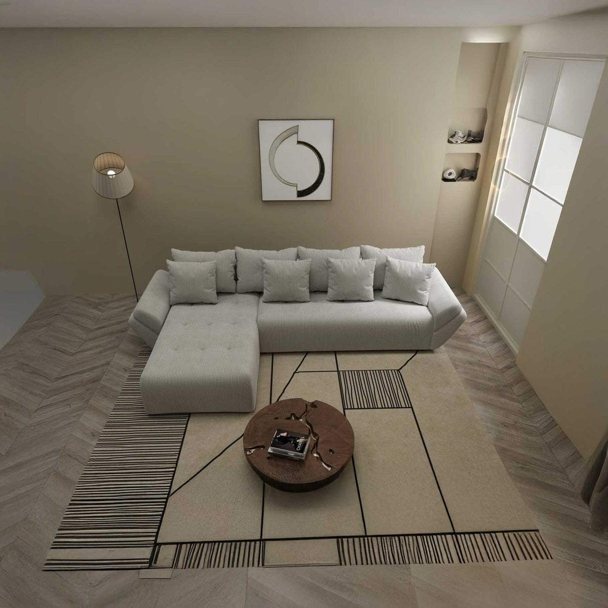 Colțar extensibil dumonde cu ladă de depozitare si sezut confortabil din spuma HR, Berlin XL Zoom Pearl 350x185 cm