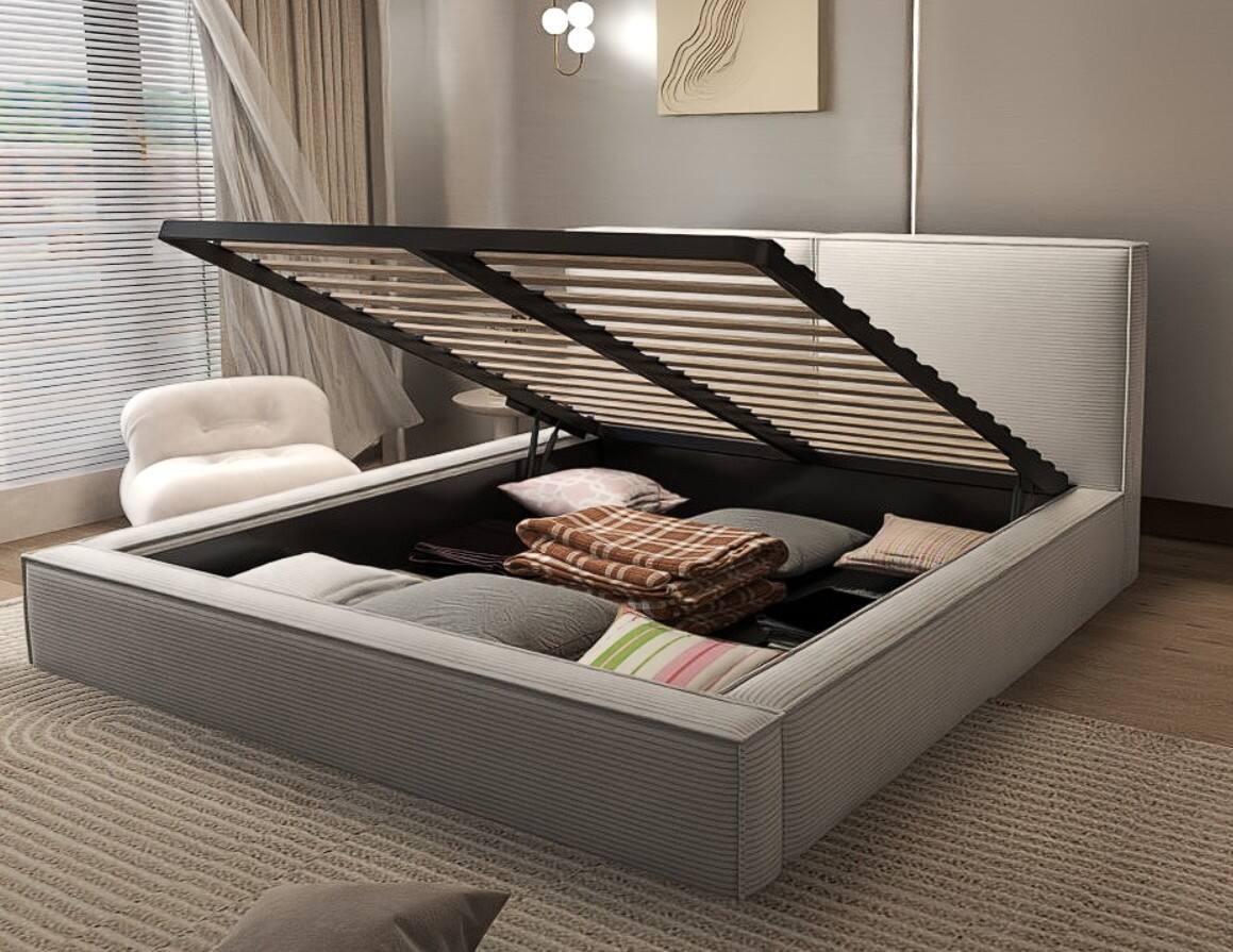 Pat dormitor dumonde, tapitat gri, Bogart 180x200 cm, somiera rabatabila inclusa, spatiu depozitare