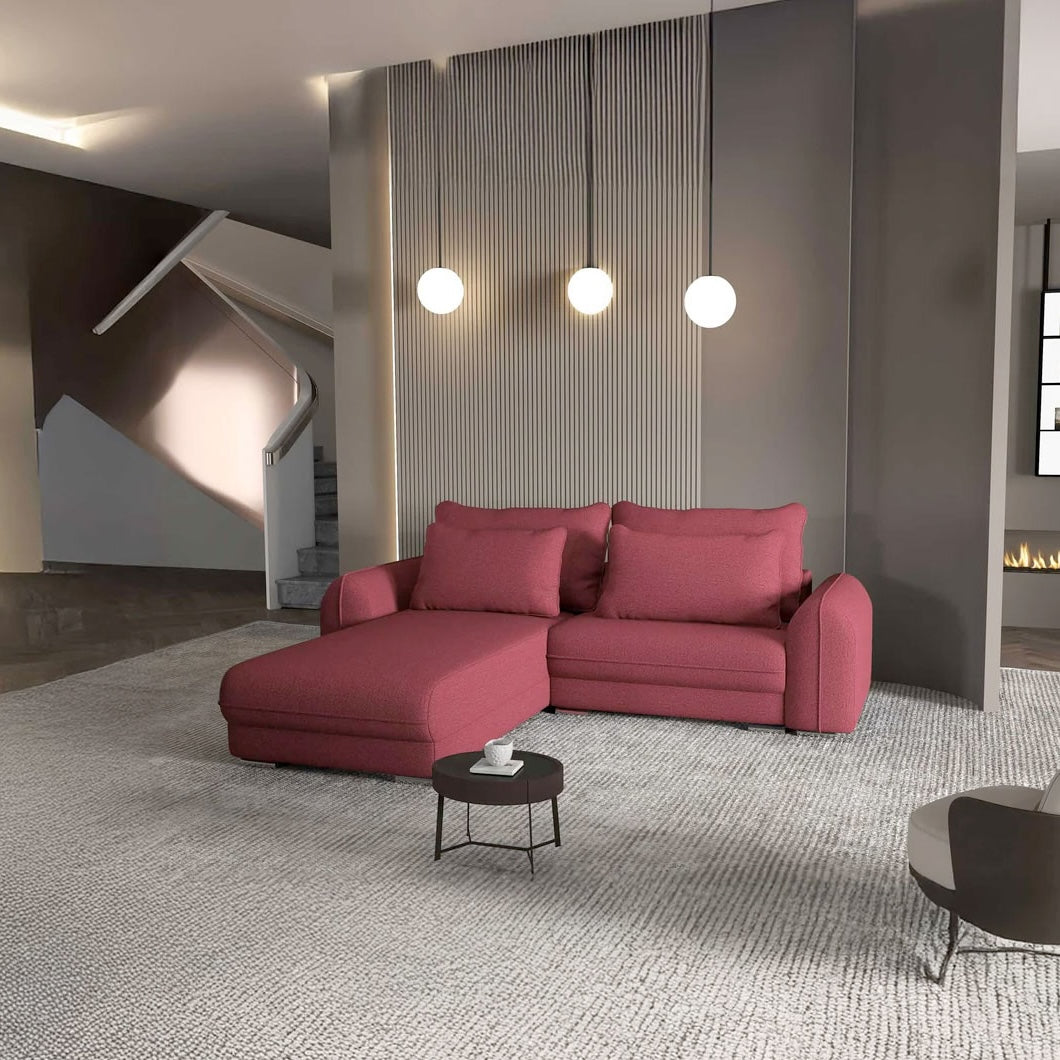 Colțar extensibil dumonde cu ladă de depozitare si sezut confortabil din spuma HR, Denver Enjoy Rosu 275x185 cm