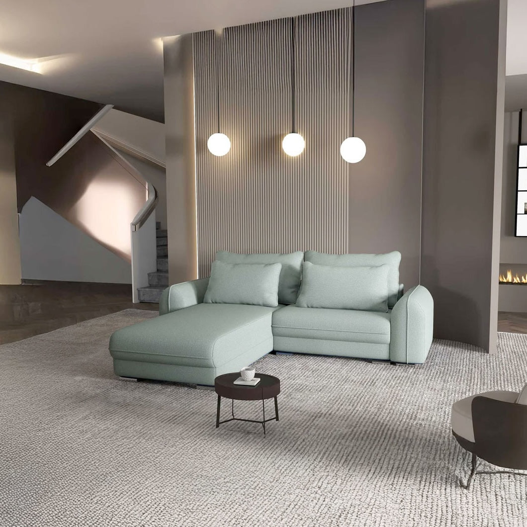 Colțar extensibil dumonde cu ladă de depozitare si sezut confortabil din spuma HR, Denver Enjoy Mint 275x185 cm
