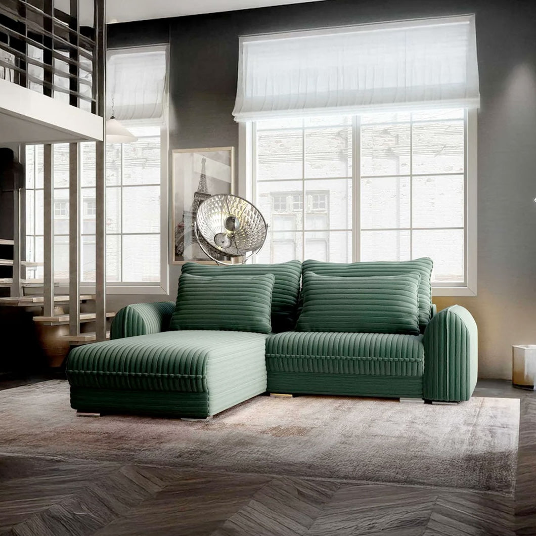 Colțar extensibil dumonde cu ladă de depozitare si sezut confortabil din spuma HR, Denver Ambience Verde 275x185 cm